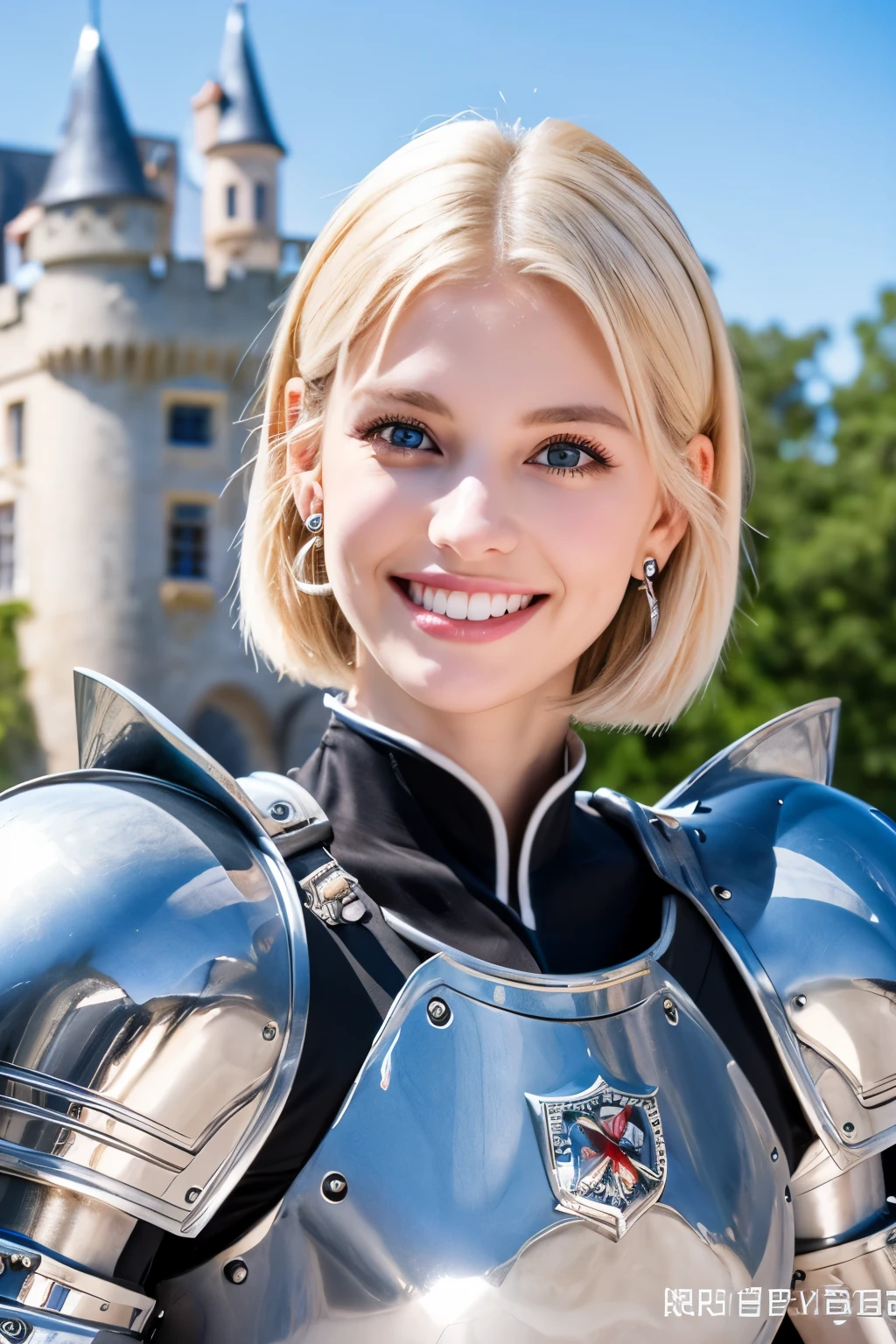 8K、highest quality、female knight、Luxurious Silver Armor、、hairstyle short cut、smile、Beautiful Teeth、Full body photo、ear piercing、blonde、White woman、blue eyes、Heavy makeup、The background is inside the castle