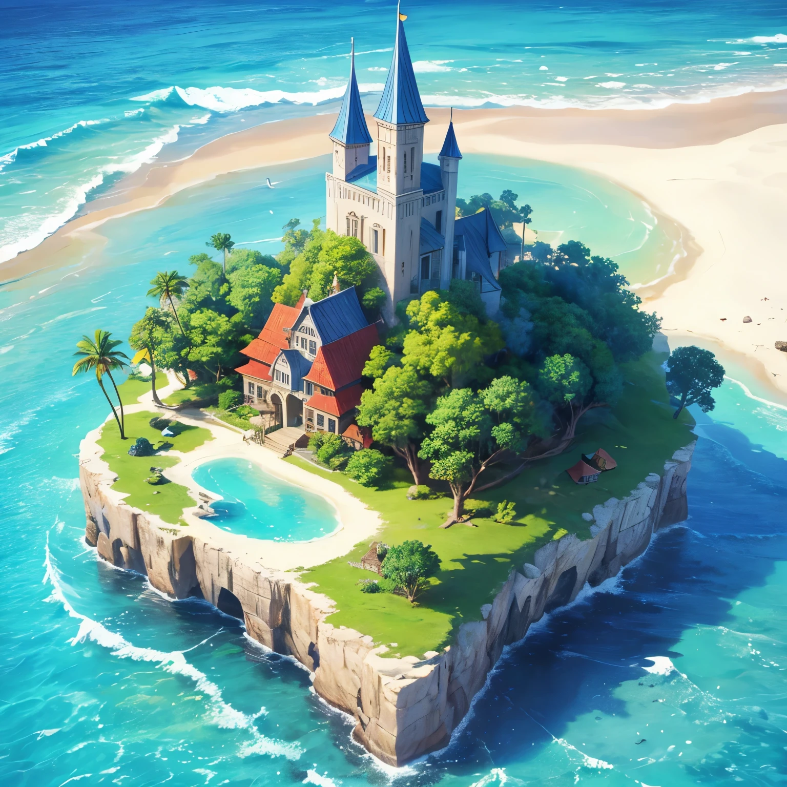 an island in the sea with clear water and in the background a treasure chest in cartoon style