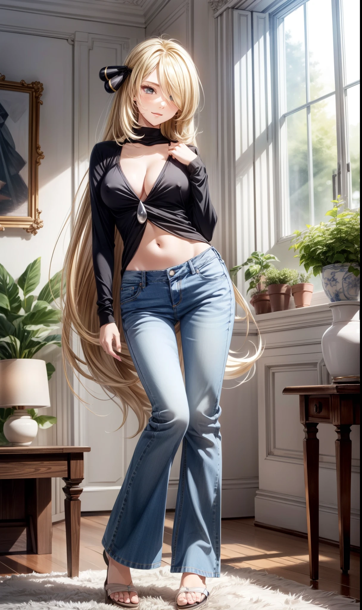 ultra high resolution, (dynamic angle, seductive pose:1.2, standing), indoors, living room, window and plants, (legs focus, full body:1.3), (beautiful face, beautiful eyes, beautiful legs), not safe for work, 
1girl, 20 year old, cynthia, blonde hair, wavy hair, (long hair:1.2, very long hair:1.2), hair covering one eye, hair ornament, grey eyes, seductive smile, hard nipples, cleavage, (black top:0.8, long sleeves), skinny, wide hips, thin waist, (jeans pants, flares jeans, blue jeans), barefoot