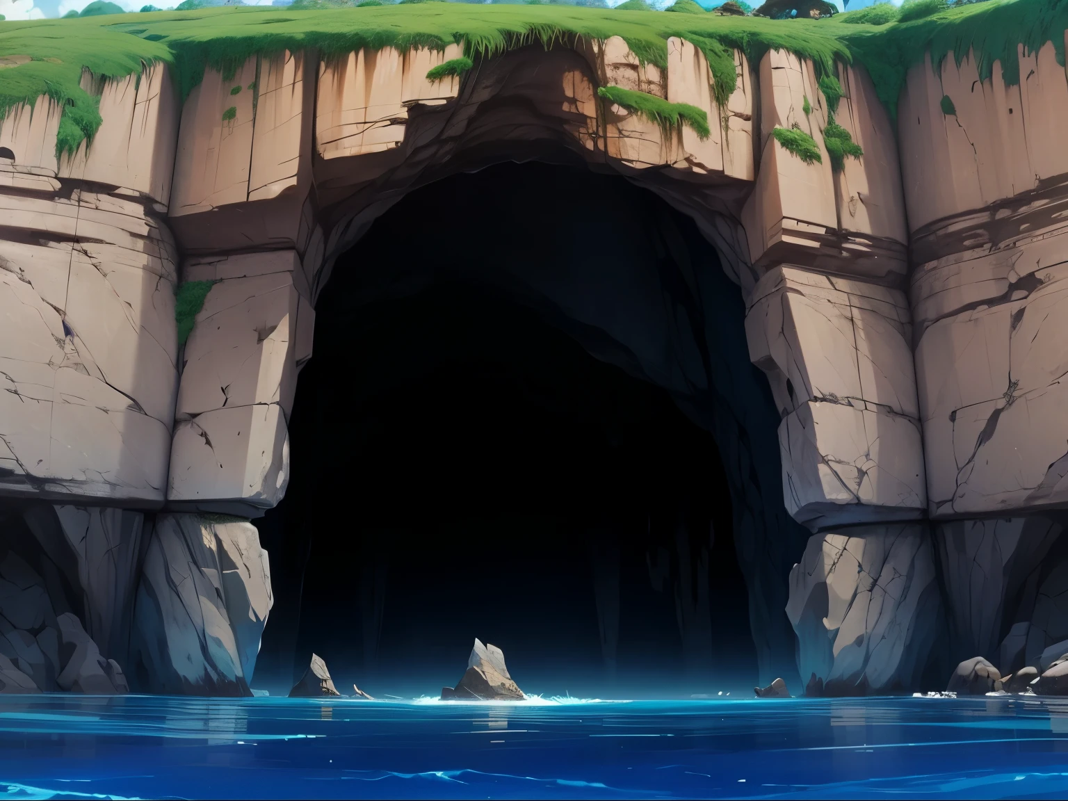 sea, cave, sea cave, island, sky, grass, anime, background