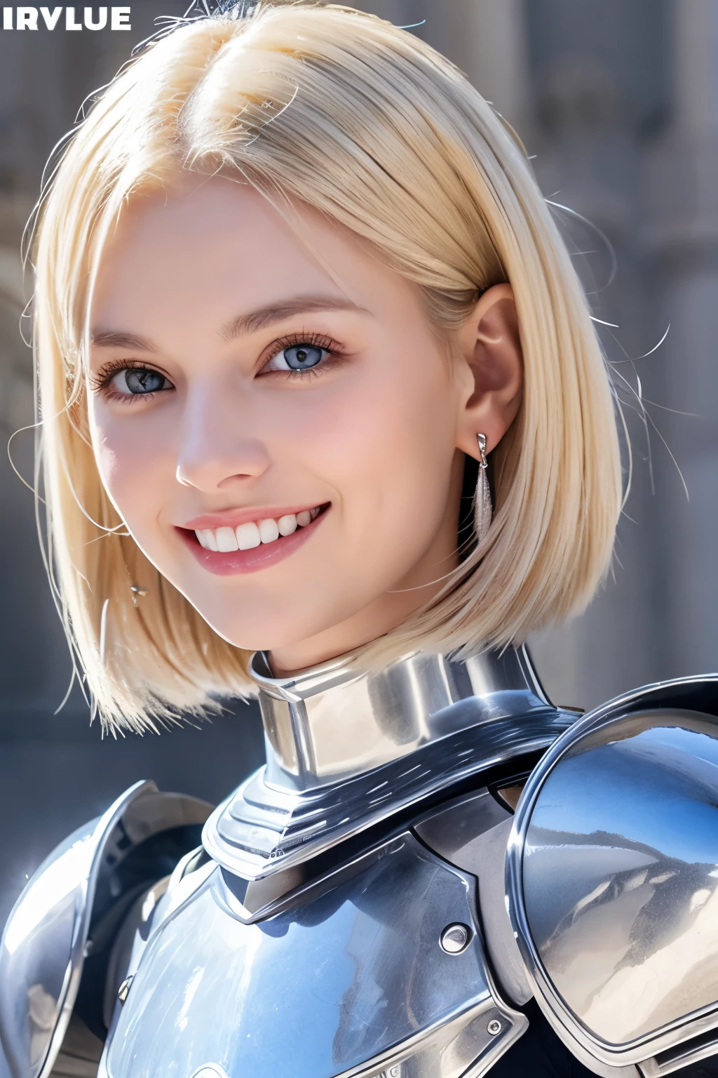 8K、highest quality、female knight、Luxurious Silver Armor、、hairstyle short cut、smile、Beautiful Teeth、Full body photo、ear piercing、blonde、White woman、blue eyes、Heavy makeup、The background is inside the castle
