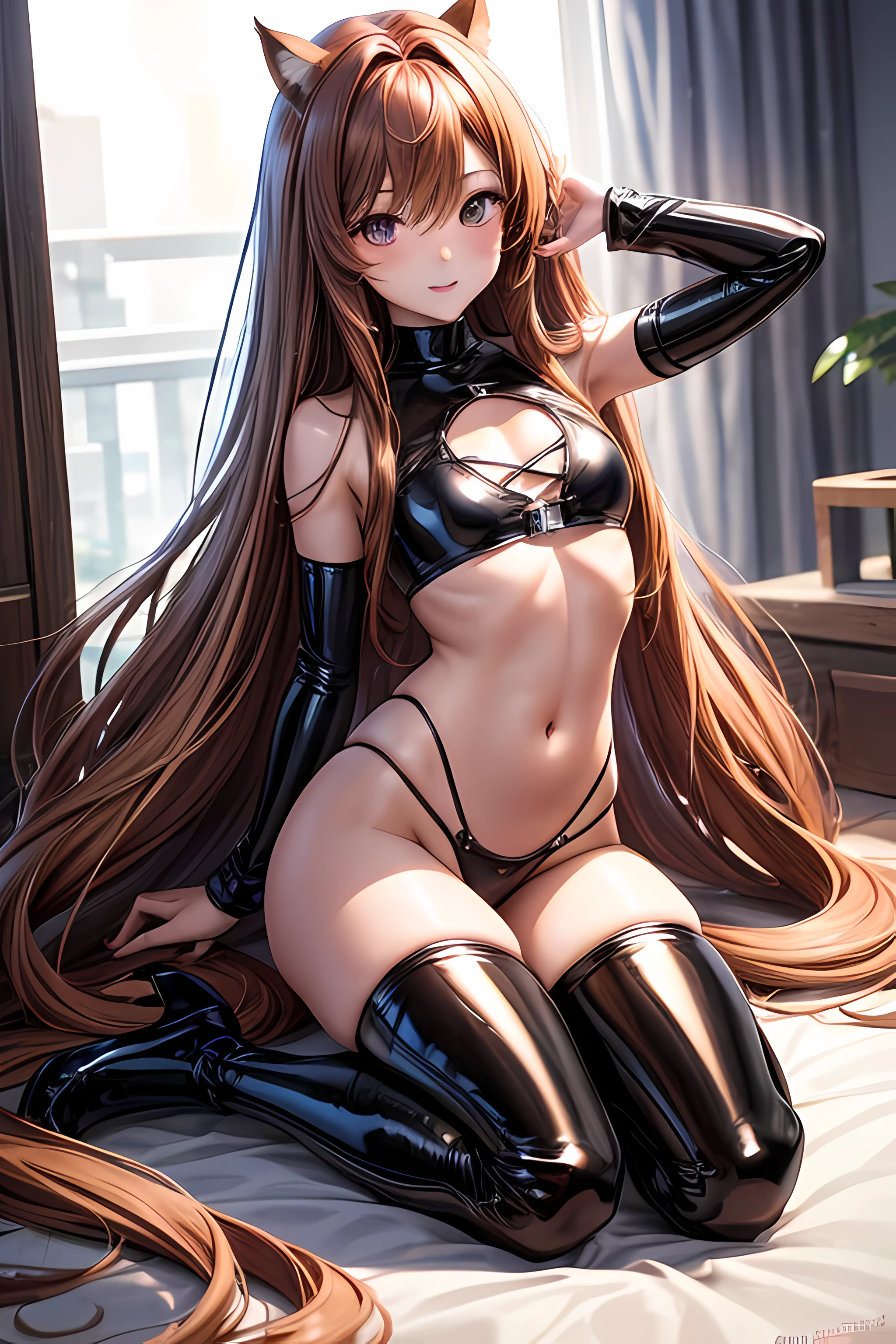 light brown long haired, auburn haired,black asian eyes, thin and sexy body, sexy chest , little anime girl, latex ass