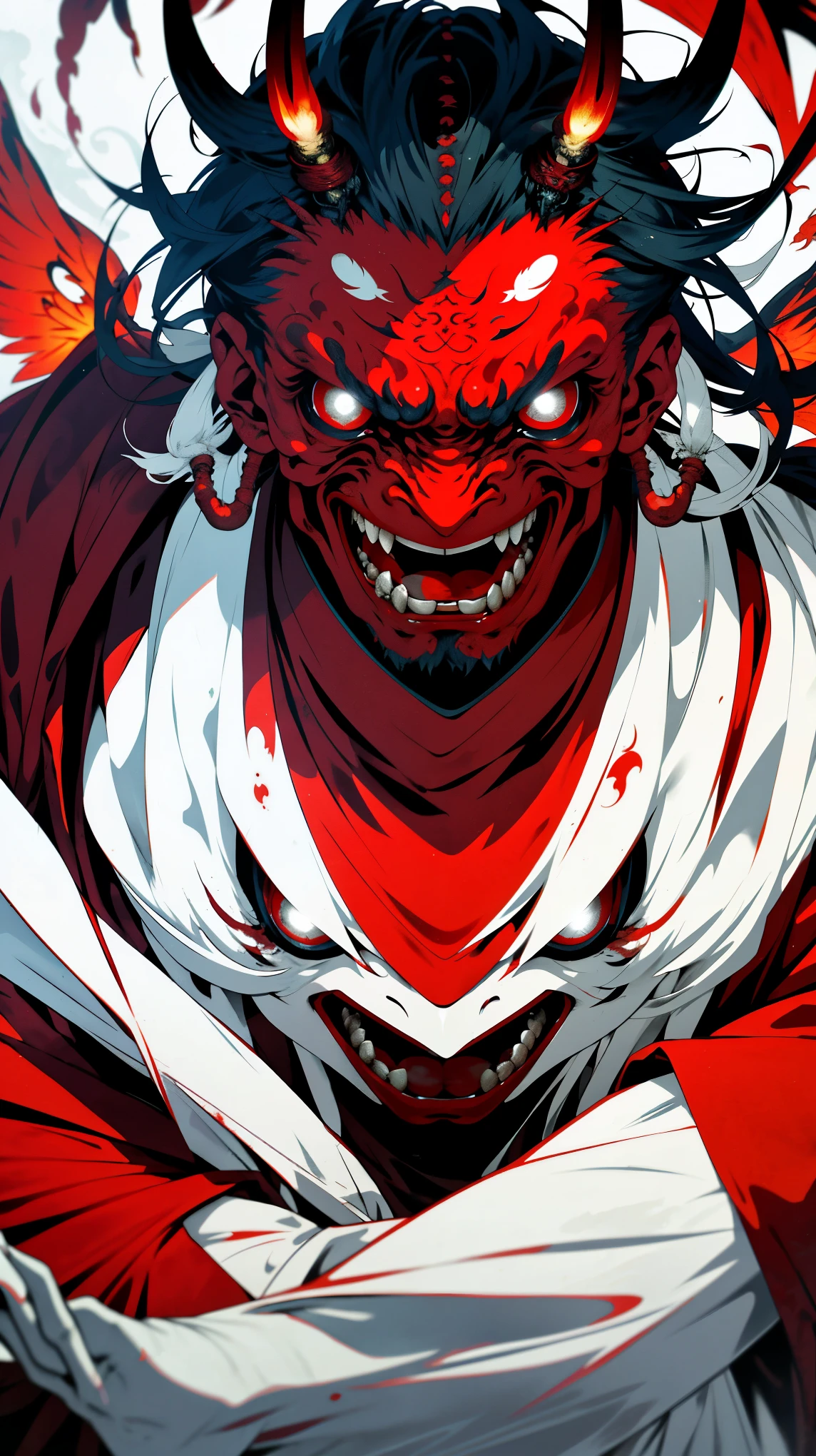 Imposing and terrifying alien tengu, it is 3 meters tall, has red-hot skin, long white hair, angelic white feather wings, and is adorned with a Buddhist monk's outfit, volatile, aggressive and ruthless.