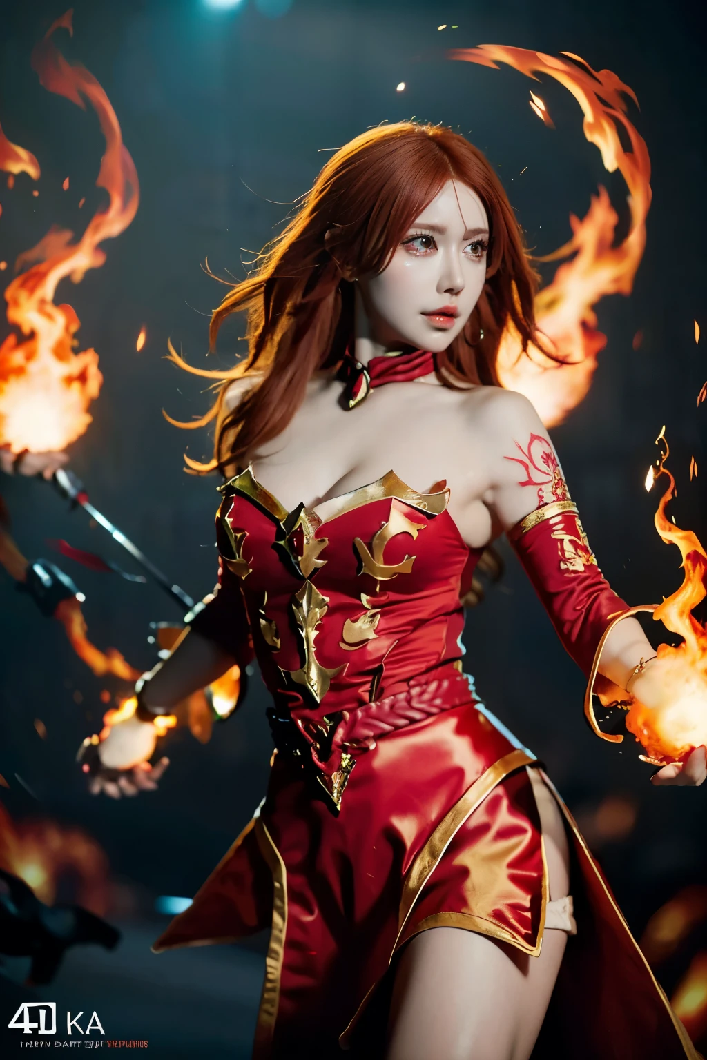 (best quality,4k,8k,highres,masterpiece:1.2),ultra-detailed,realistic,physically-based rendering,professional,sharp focus,vivid colors,bokeh,Lina,beautiful detailed eyes,beautiful detailed lips,burning red hair,flowing fiery dress,magical staff,standing on a mystical floating platform,casting powerful fire spells,with sparks and flames surrounding her,glowing tattoos on her arms and face,with a fierce and determined expression,engulfed in a vibrant and intense fire,creating a striking contrast against a dark and mysterious background,dynamic lighting illuminating her commanding presence.