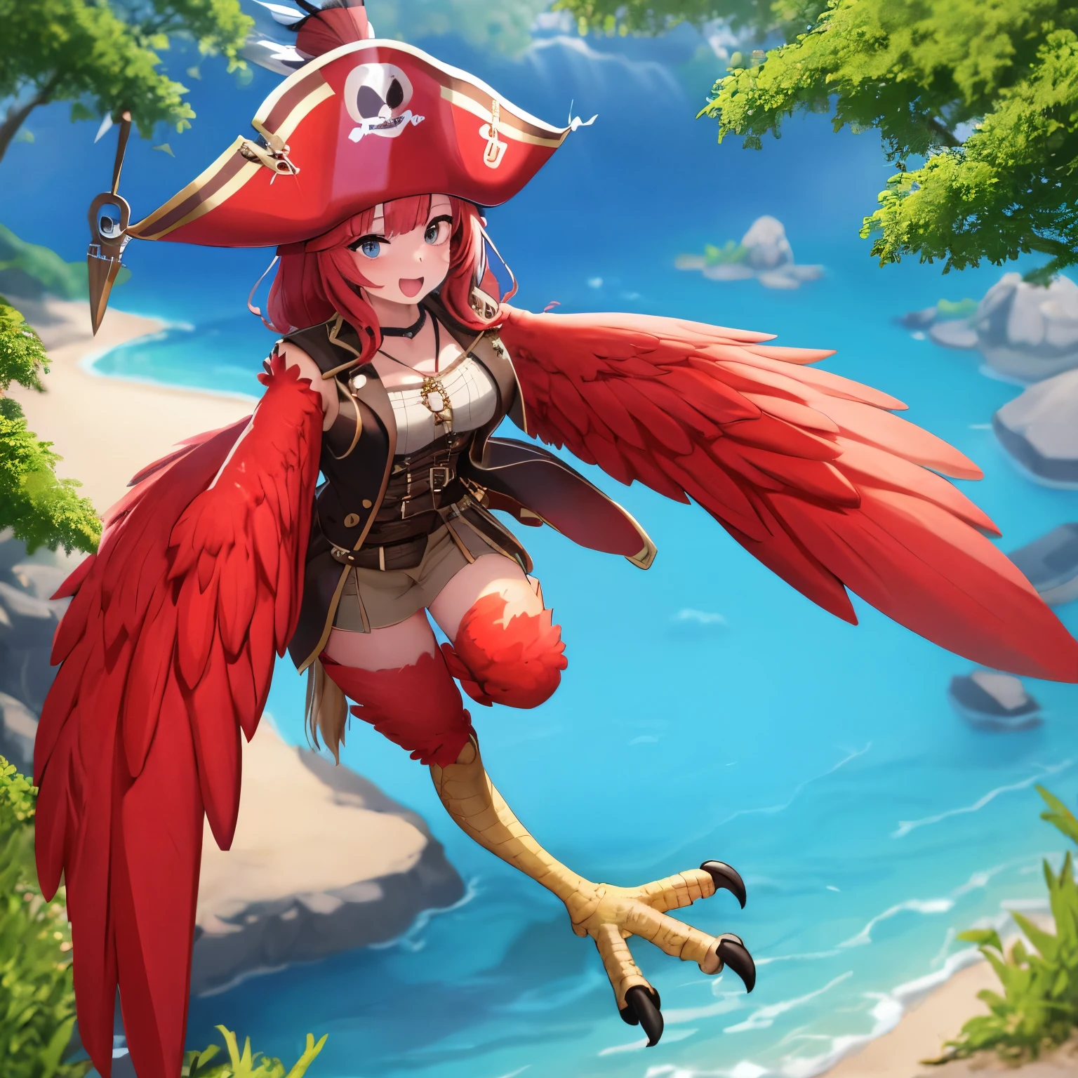 1girl, red hair, ((pirate)), 8k, 16k, 4k, highres, best quality, masterpiece, standing, pirate hat, pirate clothing, eye patch, ((harpycpt)), harpy, feathers, winged arms, bird legs, talons open mouth, happy, ocean, solo, full body, scales, holding a cutlass, island,