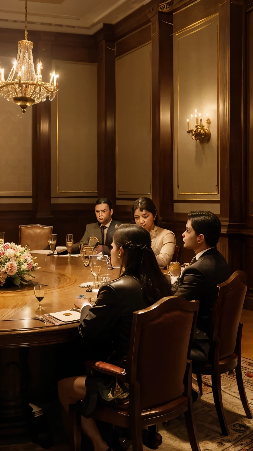 Many people at the round table in a hall,Plundering on retribution material: Oil painting main body: dignified diplomats engaged in intense discussions, sitting around a grand round table in an opulent hall Additional details: intricately designed ornamental decorations adorning the hall, luxurious tapestries hanging on the walls, golden chandeliers casting a warm glow on the diplomats, leather-bound books stacked neatly on the table, Vibrant flowers arranged in elegant vases Image quality: (best quality,4k,8k,highres,masterpiece:1.2), ultra-detailed, (realistic,photorealistic,photo-realistic:1.37), HDR, professionally crafted art style: realistic portraits color tones: rich, warm tones with a touch of subdued elegance
灯光: soft, diffused lighting creating a serene and intimate atmosphere around the diplomats