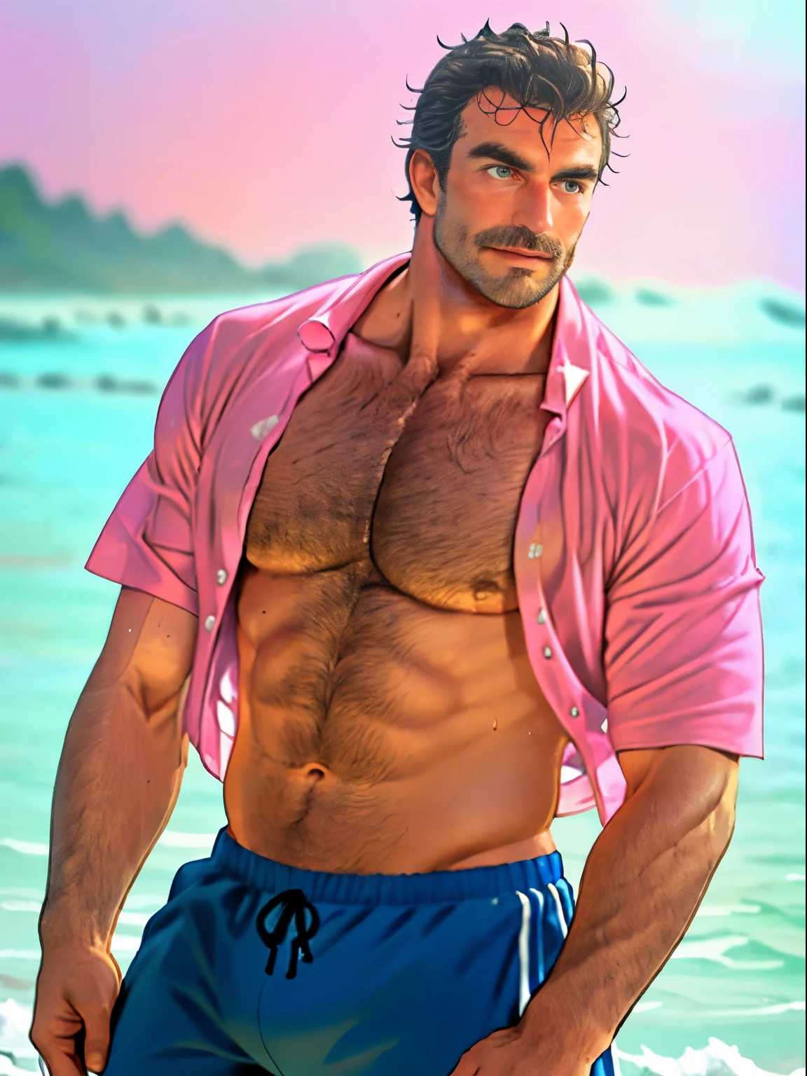 50 years old, male, white inch, stubble, huge muscles, mature man, muscle swelling, bodybuilding, pectoral muscles, abs, at the beach, wearing pink shirt, open shirt, pink sports shorts, natural light, wheat-colored skin, wet, a man