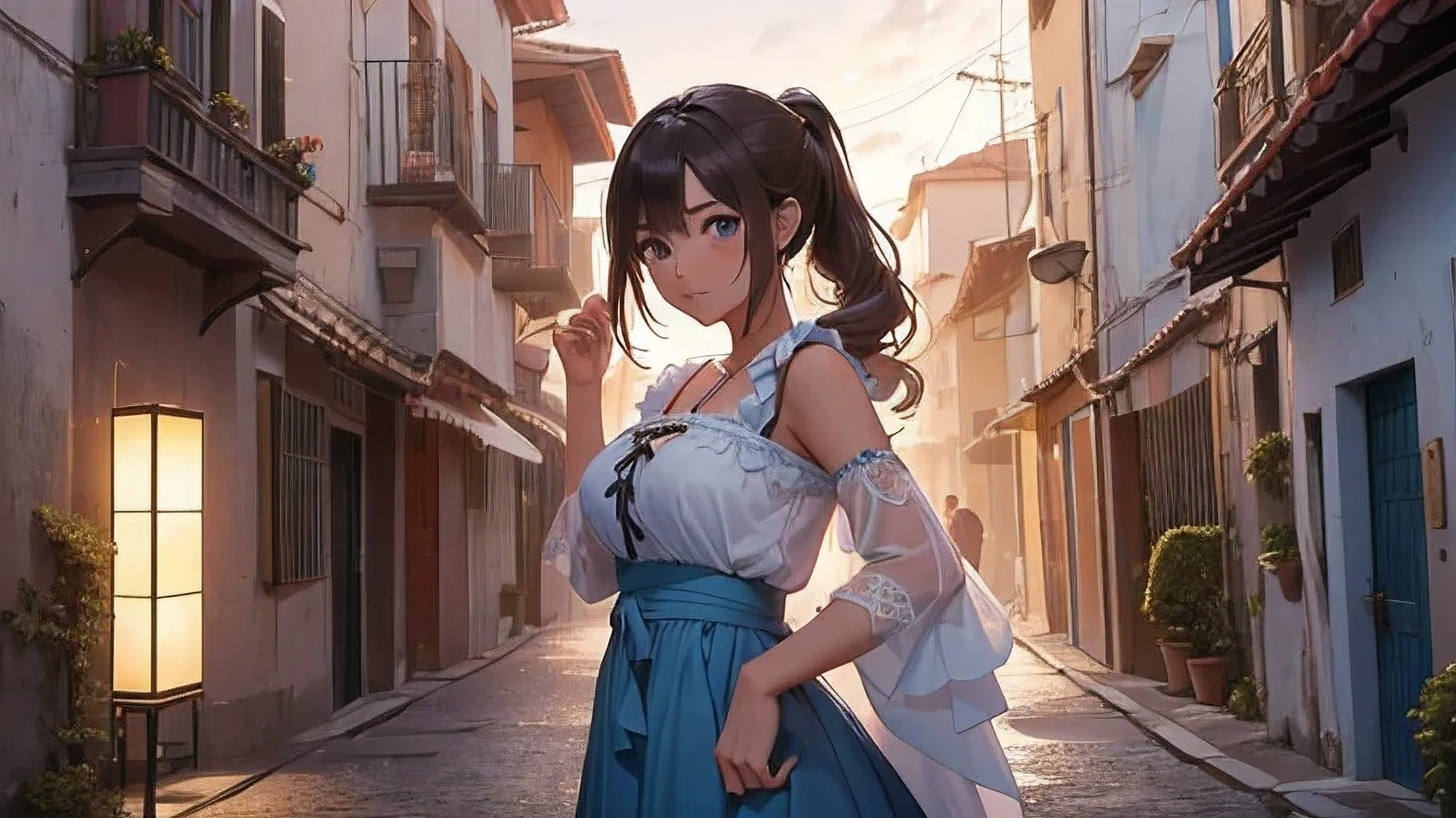 (8k, RAW foto, mejor calidad, (Obra maestra, super high quality, super detailed), anime style paisaje, chica joven, Absoluto, velas escarlatas, girl looking at the sea from the coast, camera looking at the sea, detalles intrincados, sailing ship with velas escarlatas, Una escena de una novela de Alexander Greene. "velas escarlatas" imagen de medio cuerpo, A beautiful women posing for a photograph in an alley, brown ponytail, golpes, risa feliz, blue eyes, Cuerpo magro musculoso, perfect anatomy, Looking to the camera, Time of the day, cielo azul, estilo animado, al aire libre, tendencia en artstation, Oh!, sakimichan muy sensual, con ropa original cuerpo entero, muy realista, extremadamente realista, extremadamente sexy, 8k, 8k extremadamente detallado), (un extremadamente delicado y hermoso), (obra maestra), (mejor calidad: 1.0), (ultra high resolution:1.0)