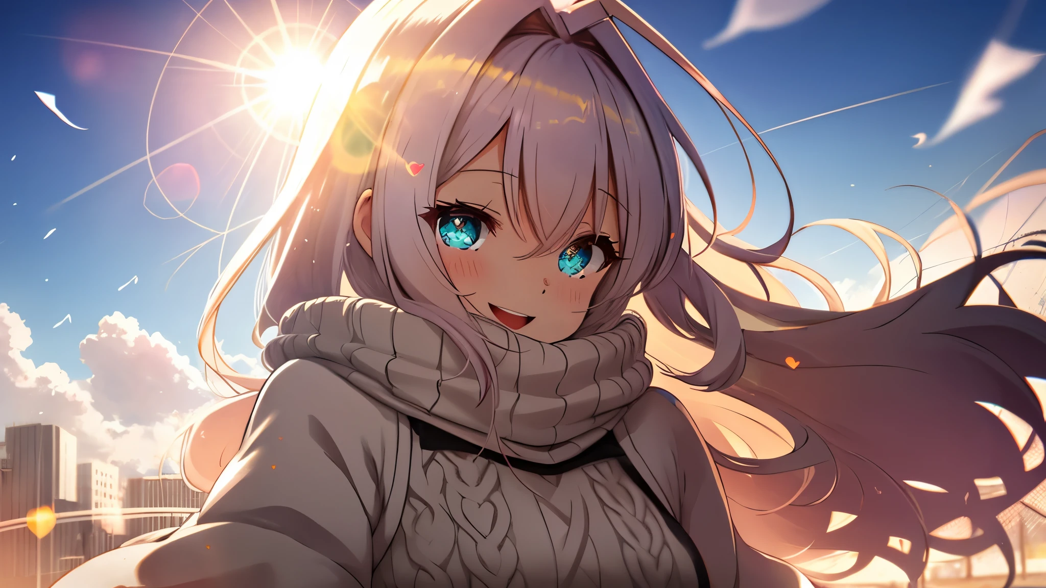 una mujer, cozy sweater put on, parte superior del cuerpo, (enorme riendo:1.1), (boca abierta:1.1), (Ojos bien abiertos:1.2), sun glare, bokeh, profundidad de campo, fondo borroso, light particles, viento fuerte, (heart particles:1.1)