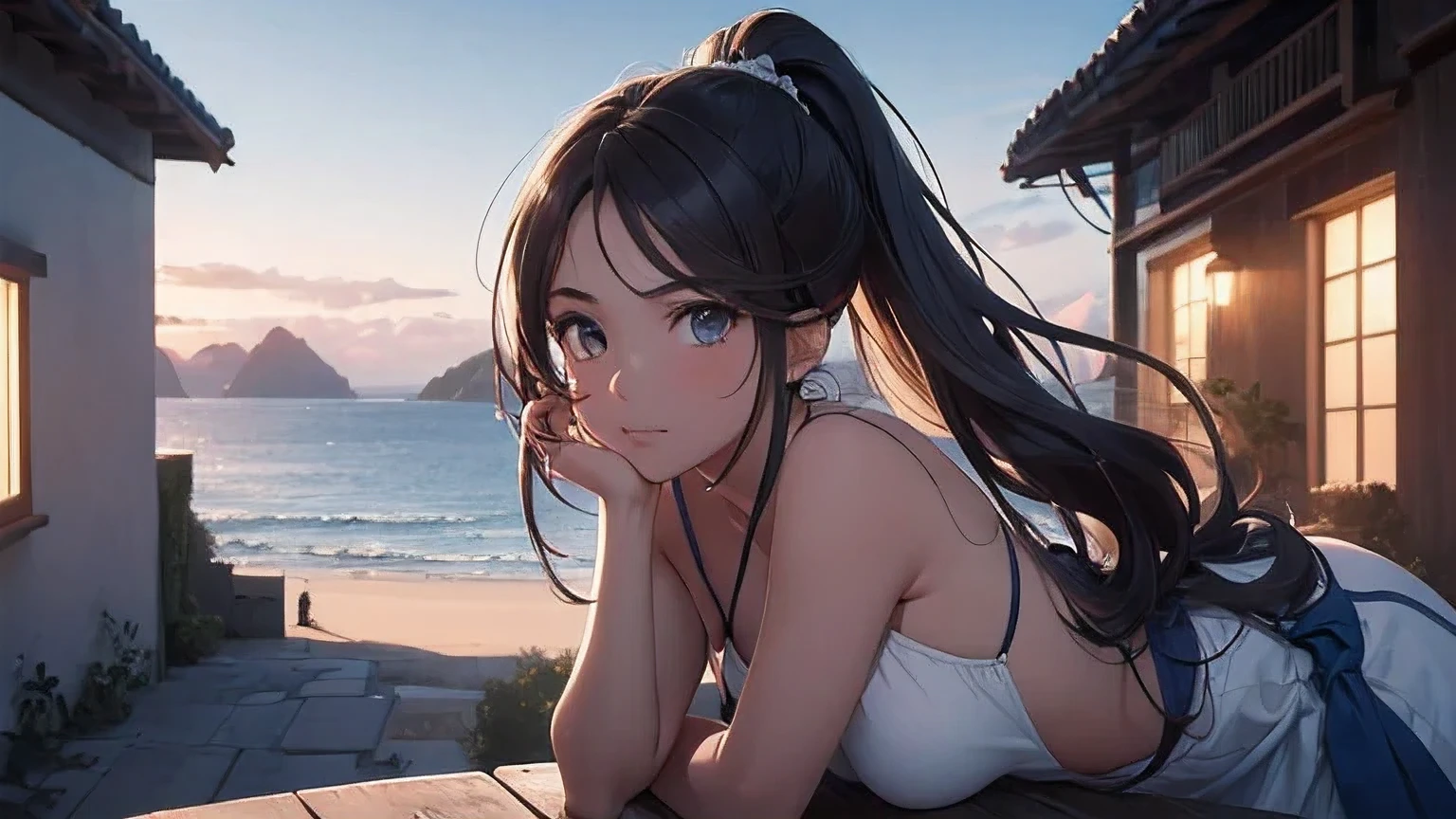 (8k, RAW foto, mejor calidad, (Obra maestra, super high quality, super detailed), anime style paisaje, chica joven, Absoluto, velas escarlatas, girl looking at the sea from the coast, camera looking at the sea, detalles intrincados, sailing ship with velas escarlatas, Una escena de una novela de Alexander Greene. "velas escarlatas" imagen de medio cuerpo, A beautiful women posing for a photograph in an alley, brown ponytail, golpes, risa feliz, blue eyes, Cuerpo magro musculoso, perfect anatomy, Looking to the camera, Time of the day, cielo azul, estilo animado, al aire libre, tendencia en artstation, Oh!, sakimichan muy sensual, con ropa original cuerpo entero, muy realista, extremadamente realista, extremadamente sexy, 8k, 8k extremadamente detallado), (un extremadamente delicado y hermoso), (obra maestra), (mejor calidad: 1.0), (ultra high resolution:1.0)