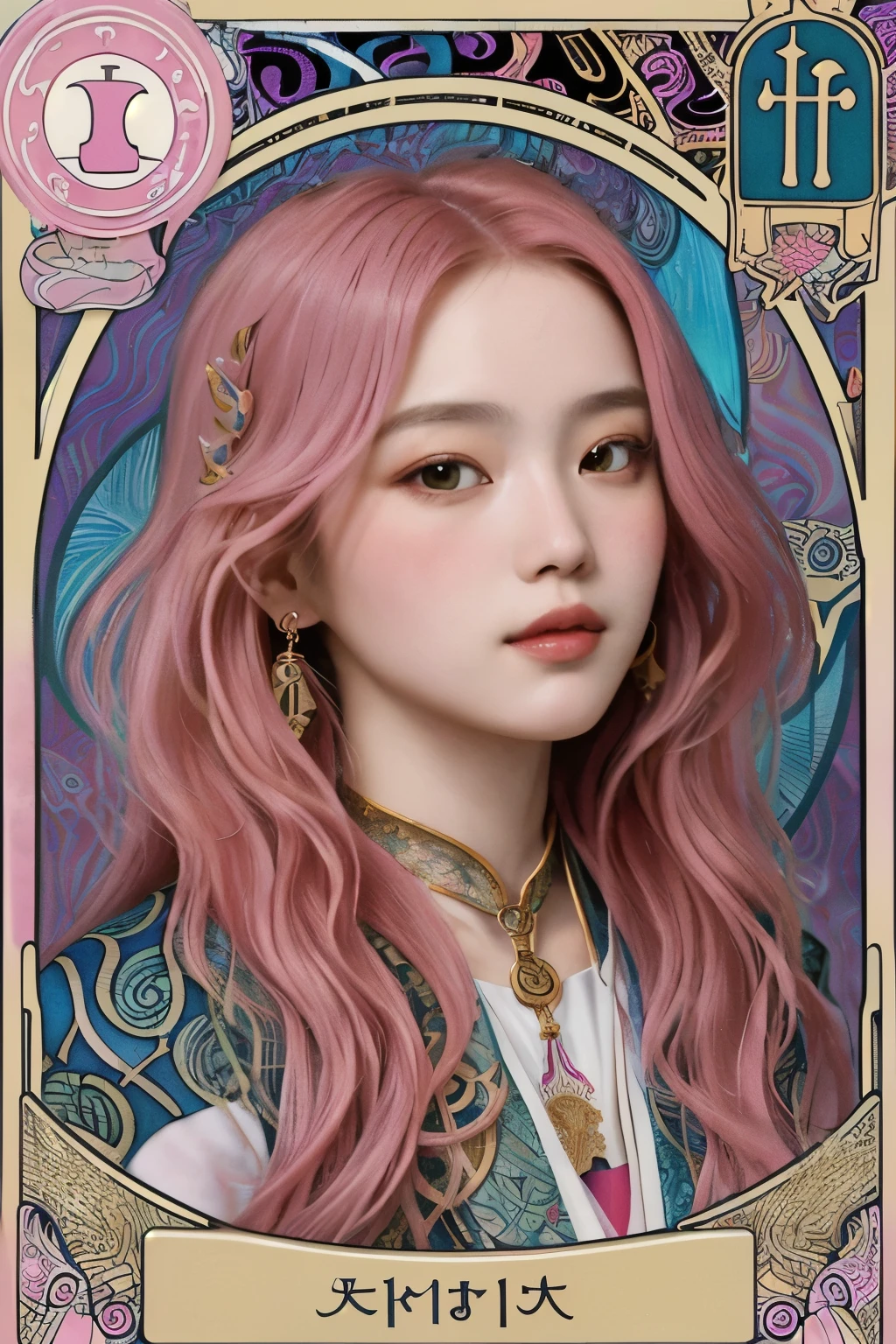 ((masterpiece:1.2, best quality)), very detailed, Ultra-precise depictions, very detailed 묘사, (Zentangle:1.2), (dynamic pose), (abstract background:1.5), wavy long hair, Close up of woman with pink hair, fancy, portrait, Alphonse Mucha, art nouveau,
(tarot card style:1.3), A unique tarot card framework combining gold elements., Clothes with gradients,