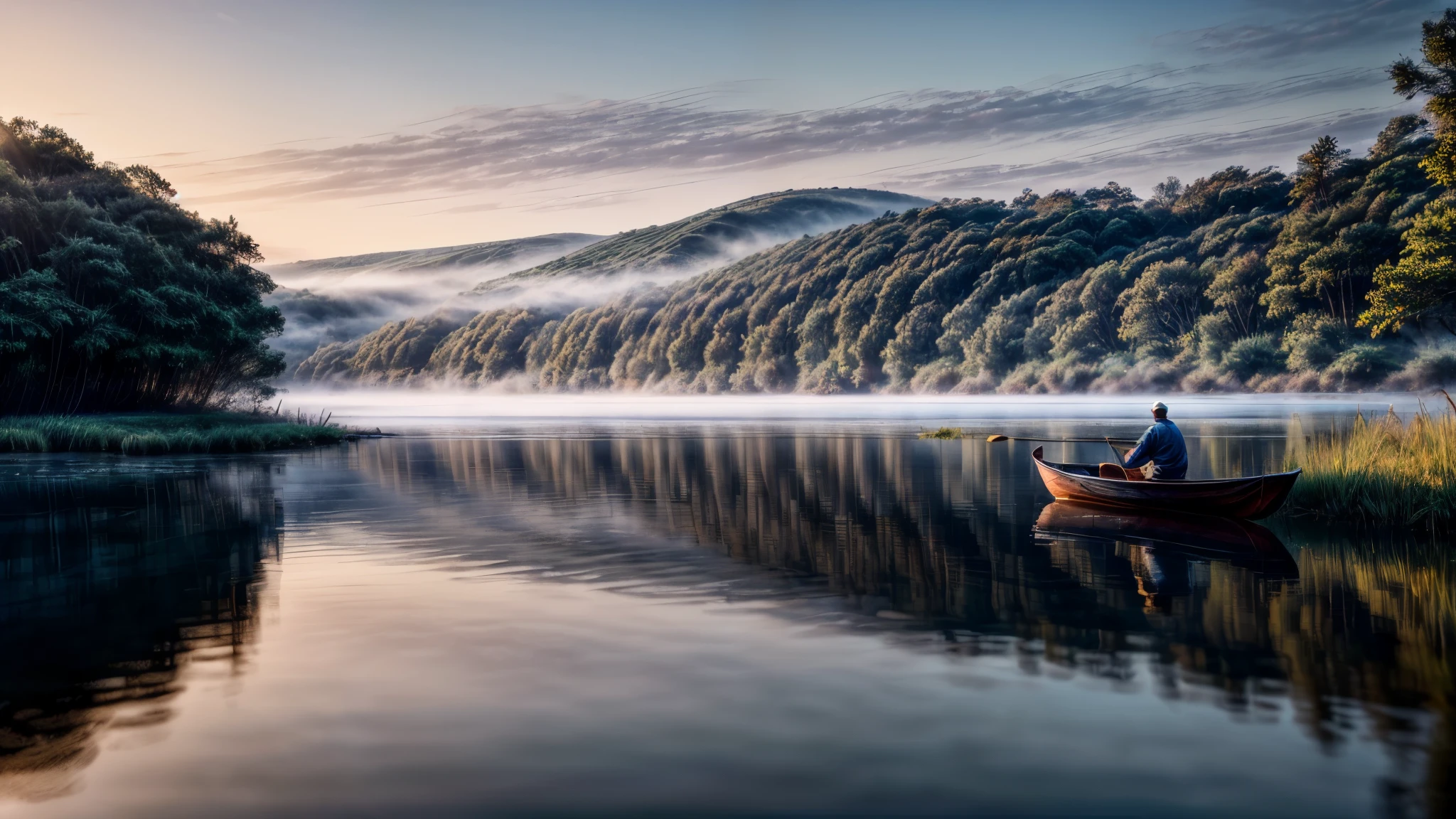 morning, Small River, calm water, fisherman in a boat, fog((8K, Raw-Photo, top quality, masterpiece), Highly detailed RAW color photography, professional photography, (realistic, photorealism:1. 37), (top quality), (best shadow), (Best Illustration), photorealism, ultra high resolution, highly detailed CG wallpaper unified 8K, Physics-based rendering)