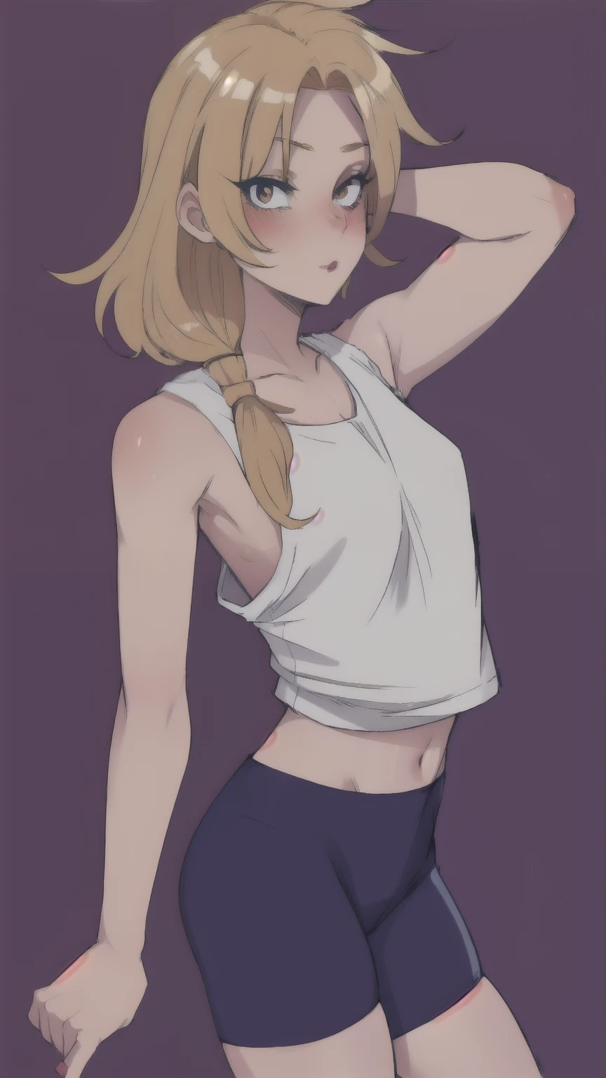 Girl with long blonde hair, in a loose mini T-shirt falling off the shoulders, In cycling shorts, visible life and navel