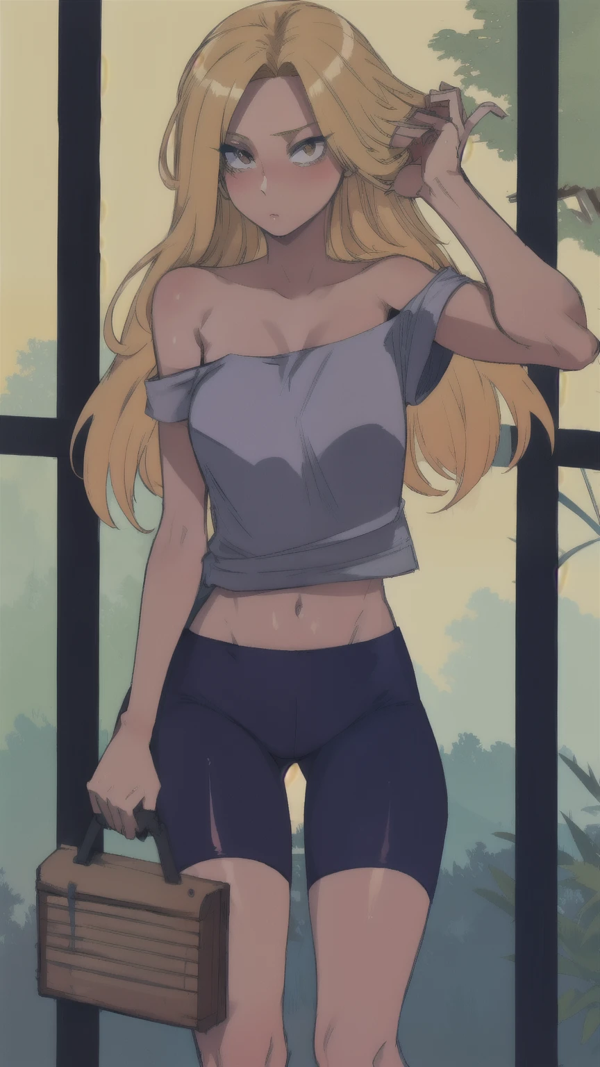 Girl with long blonde hair, in a loose mini T-shirt falling off the shoulders, In cycling shorts, visible life and navel