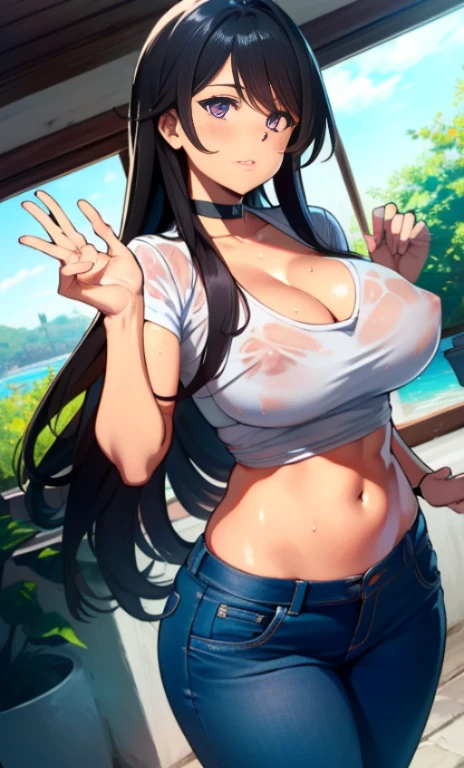 8k, Obra maestra, extremely magnificent view, CG high details, 8k, Ultra high resolution, (style of Akame Ga Kill!), BREAK, face with a lot details, eyes details, perfect anatomy, super detailed skin, (dynamic angle, pose casual:1.2), wet t-shirt, big breast, visible navel, perfect anatomy, cleavage, neckline, nipples, big teats, (under the chest), wearing a black choker, (enfoque en la pierna, cuerpo completo:1.3), beatiful legs, beatiful face, perfect ass, perfect buttocks, round ass,  one girl, 20 years old, black hair, long hair, purple eyes, (white wet T-shirt), mangas largas, wide hips, thin waist, worn jeans