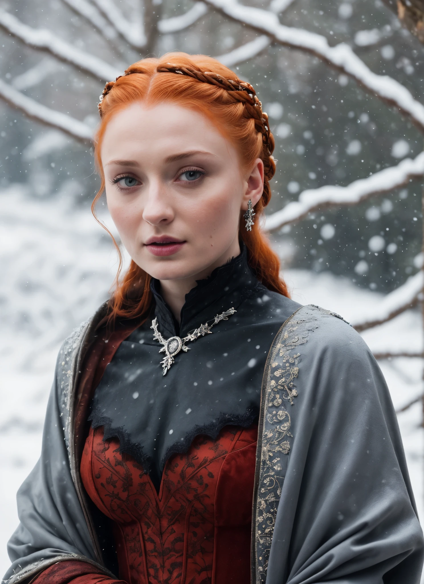 Face of Sophie Turner, Sansa Stark played by Sophie Turner, the de facto Lady of the Eyrie, is a 40-year-old mature queen with a stunning, alluring appearance. Full Face, pierced eyes, reddish lips, upper body shot, erotic Mediaeval costumes, game of thrones costumes, She wears a Game of Thrones-inspired costume and has a deep cleavage, a perfect thick body, and a perfect thick figure. The photograph captures her in a close-up, with her skin texture and facial features being ultra-realistic and realistic. Juicy thick figure, high quality skin, Skin pores, amazing details, snow, snow flakes, semi realistic, extremely detailed eyes, dark moody orange and black settings, cool environment, artificial intelligence, winter, winter scene, 