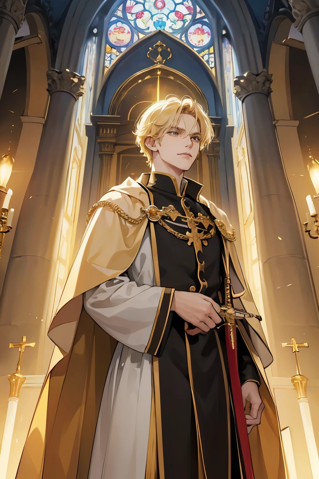 High quality masterpiece, super detailed, super emotion detailed, church, warm colours dramatic lighting, movie scene, anime style, perfect face, clean eyes, Middle Ages, clean emotions, full body! A young holy father with curly blonde hair, in expensive golden robe with purles, he is arrogant, looking with smurk, looking down, pale skin!!! arrogantly smiling, with golden eyes, he has a sword, short hair, he has smirk of arrogance, he is cool and vilian
