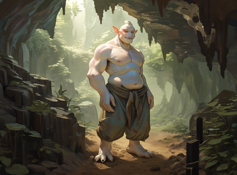 semi-realistic albino anime creature that is pale-skinned, covered in skin imperfections and dirt, dumb, fat and aggressive. It looks a bit like a troll, ogre and giant and is in a cave with glowing mushrooms. The creature has a rag around its waist