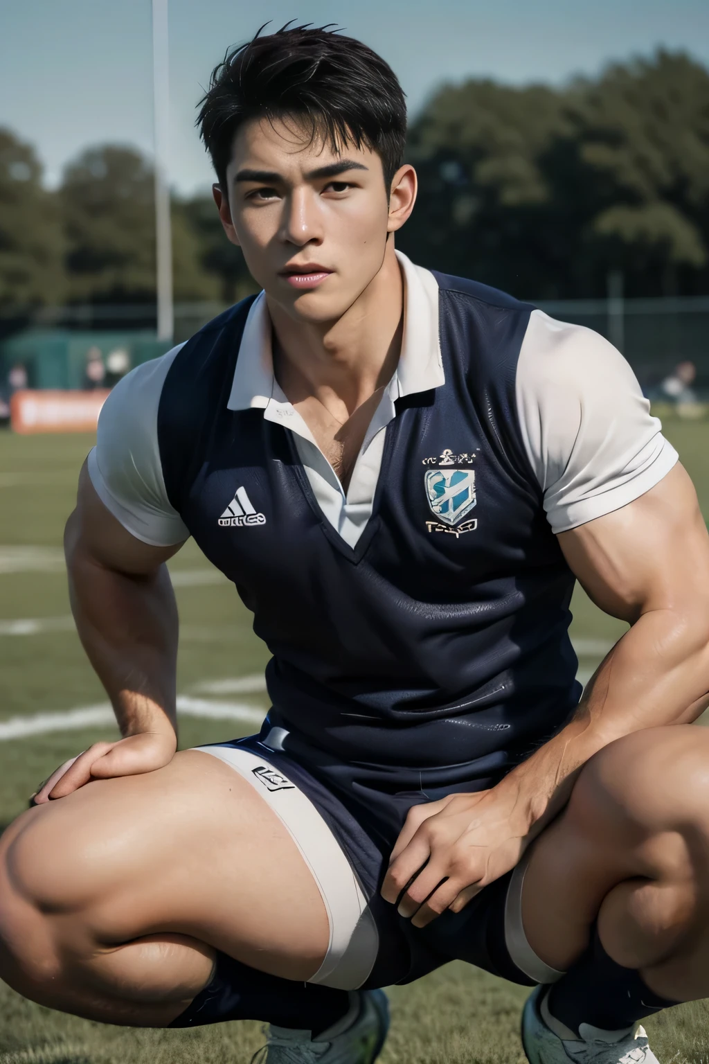 Boy on rugby field，sweat leggs，Photos during exercise，Rugby costumeasculine，Exquisite facial features，virile，musculature，rich facial detail（（The crotch is raised））closeup cleavage