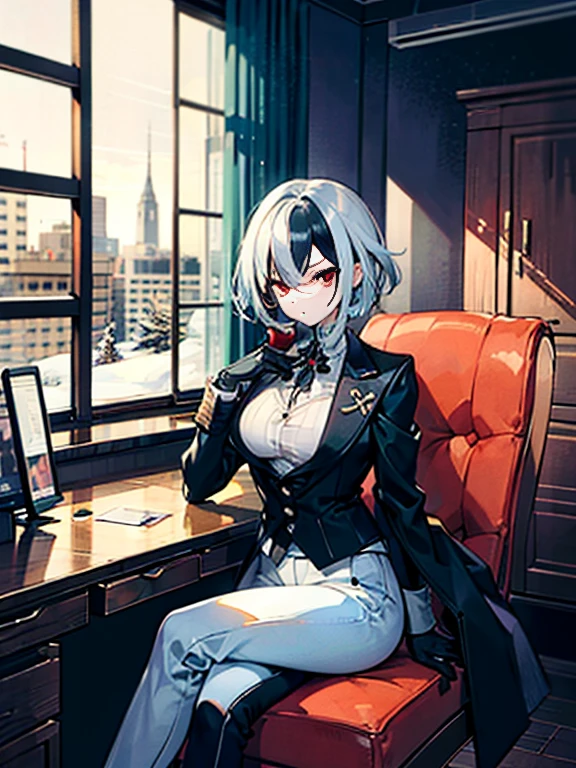 (masutepiece, Best Quality), 1girl in, Mature girl, 16 years old, White hair, Short hair, Black Gloves, formal clothes, Pants, sit a chair, crossed legs, 2 legs, Red Eyes, Serious look, looking at papers,  in hand, cabinet room, Book Shell, apples, Steampunk, coat on the back of the chair, good quality, harlequin \(GenshinImpact\), x-shaped pupils, multicolored hair, Black hair, elbows on the table, 4K, city, Snow outside the window,