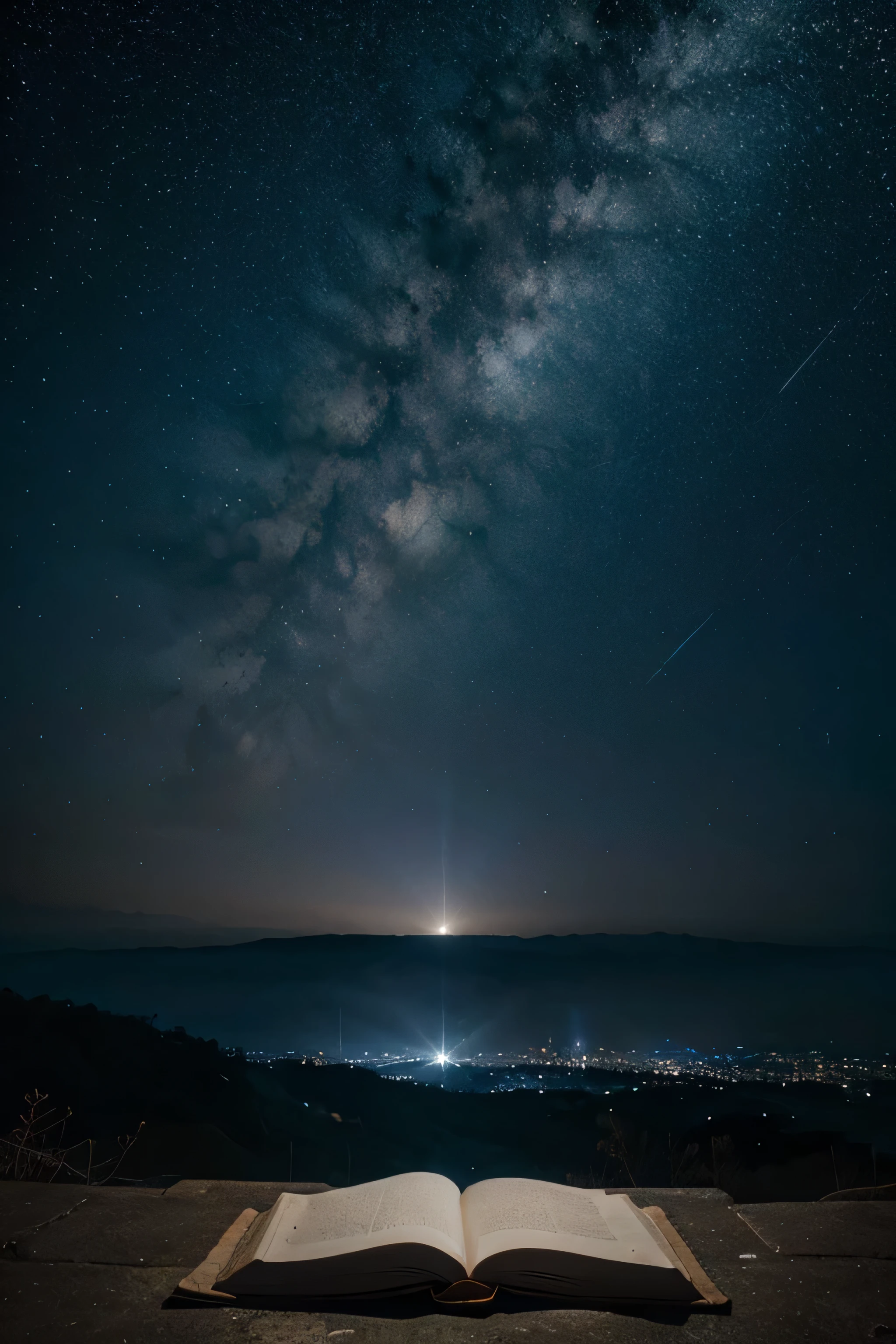 cielo estrellado con tonalidad azul, se ve sobre el piso un libro abierto donde salen estrellas