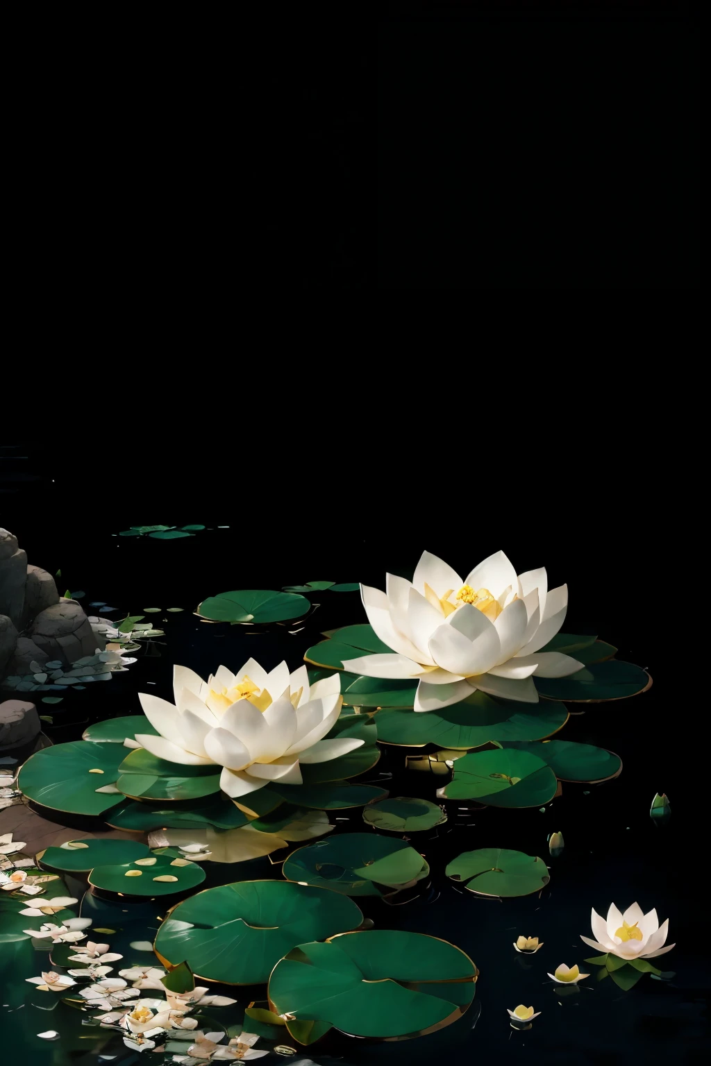 There is a white flower blooming on a pristine piece of jade, located by the side of a sparkling river. The sun casts a soft, warm glow on the lotus, making the pure white petals seem almost translucent. The lotus flowers themselves are made of intricately carved jade, their delicate designs reflecting the crystal-clear waters of the river. The panoramic view of Jade Mountain and its lush greenery frames this idyllic scene.
This high-resolution image boasts enhanced clarity and new details brought by side lighting. Each grain of jade, each petal of the lotus flower, is rendered with meticulous precision, creating an