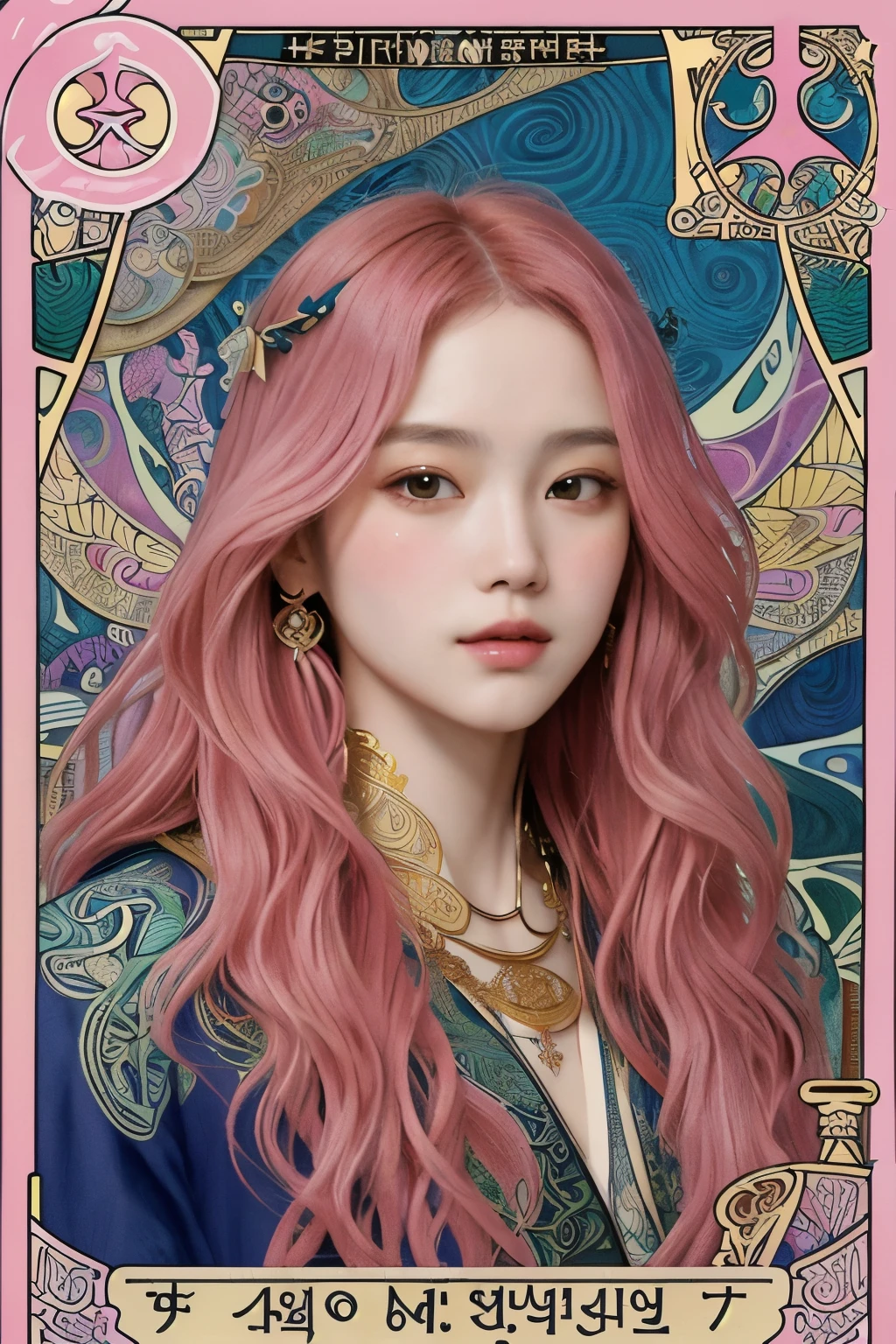 ((masterpiece:1.2, best quality)), very detailed, Ultra-precise depictions, very detailed 묘사, (Zentangle:1.2), (dynamic pose), (abstract background:1.5), wavy long hair, Close up of woman with pink hair, fancy, portrait, Alphonse Mucha, art nouveau,
 (tarot card style:1.3),  A unique tarot card framework combining gold elements., Clothes with gradients,