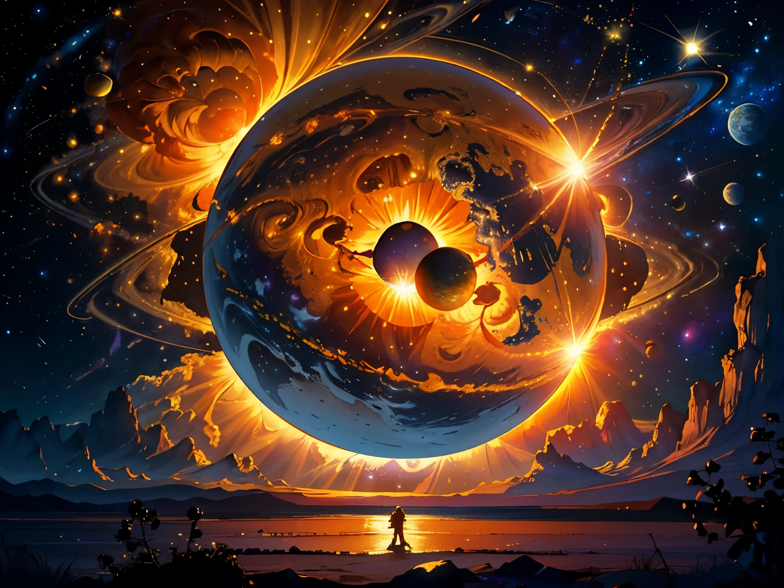 NSFW, (((Masterpiece, Best Quality, photographrealistic))), (Shiny stars, Galaxies, Planets, Nebulas), (nffsw, 8K Wallpaper, High resolution), Perfect Anatomy of the Cosmos, Cinematic lighting from the stars, Physically-based rendering of the universe, Award-winning depiction of space, highly-detailed celestial bodies, extra-detailed constellations, Stars with beautiful details, NASA's Hubble Space Telescope, (1 object: the sun, 1 object: Earth:1.5), (Solar system with all planets in alignment), Blue Hour of the universe, (One celestial body