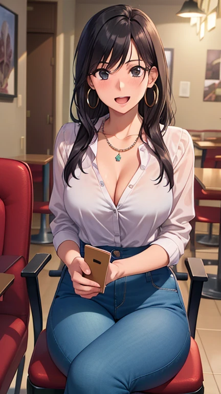 masterpiece, best quality, high resolution, UHD, RTX, pixel perfect, depth of field, 4k, highly detailed, 1 girl, single, solo, beautiful anime girls, beautiful art style, anime characters, long hair, open bangs, middle hair bangs part, dark black hair, black eyes:1.4, round eyes, beautiful eyelashes, realistic eyes, detailed face, blush:1.2, fine texture:0.75, realistic texture:0.65, photorealistic:1.1, CG anime style, bright color, breasts medium, invisible cleavage, dynamic angle, perfect body, POV, dynamic pose, looking at the viewer, blouse, short jeans, fashionable handbag, 1 diamond necklace, hoop earrings, shy smile, open mouth, tsundere , cafe, sitting in a chair, hands on thighs, legs crossed