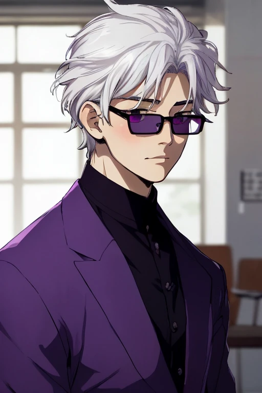 a boy with white hair like Satoru Gojo who looks at the interlocutor over his purple glasses