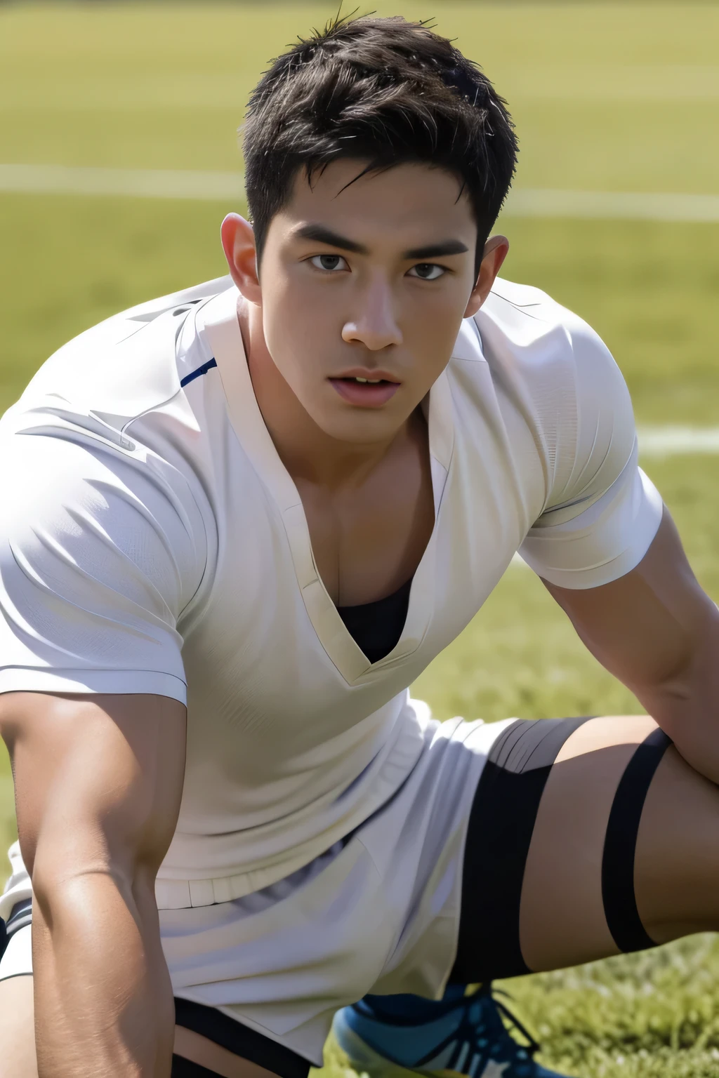 Boy on rugby field，sweat leggs，Photos during exercise，Rugby costumeasculine，Exquisite facial features，virile，musculature，rich facial detail（（The crotch is raised））closeup cleavage
