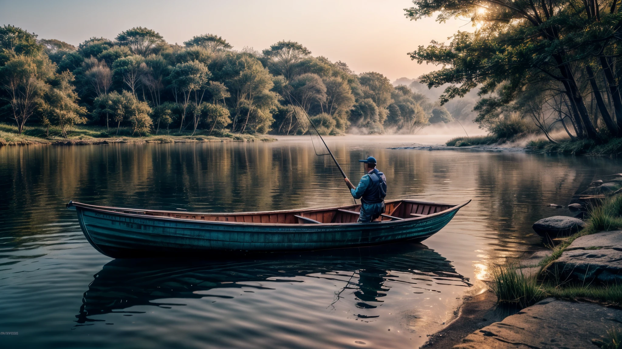 morning, Small River, calm water, fisherman in a boat, fog((8K, Raw-Photo, top quality, masterpiece), Highly detailed RAW color photography, professional photography, (realistic, photorealism:1. 37), (top quality), (best shadow), (Best Illustration), photorealism, ultra high resolution, highly detailed CG wallpaper unified 8K, Physics-based rendering)

