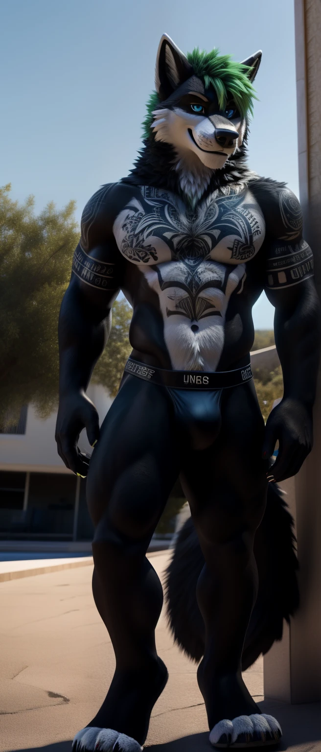 An adult muscular male wolf fursuit alone outdoors in the United States 28 year old American looking at the viewer with a seductive smile looks like he is horny wearing a black thong and very sexy green hair blue eyes and black and white fur (full body tattoos:1.1) 3D Unreal Engine 9