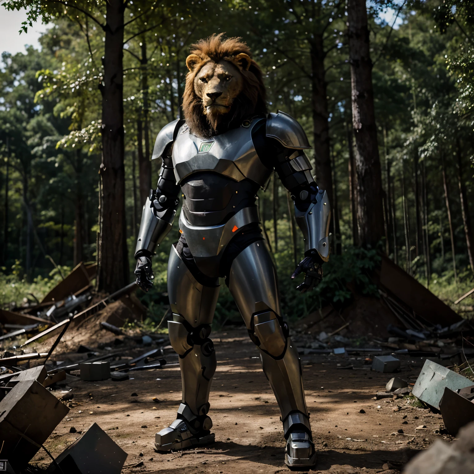 Make a lion with very strong armor,There's neon around his robotic armor,tem armas apontadas,make him stand with his entire body,he is in the middle of the destroyed forest,he's roaring,do it in a minimalist style