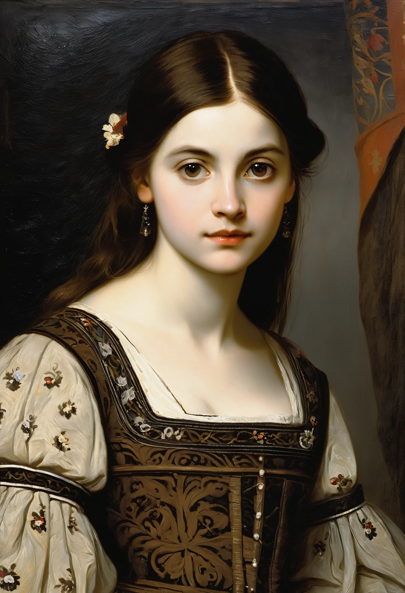 charming young cute brunette, a slight mysterious smile from the shoulder, Averts his eyes, elbow, a dress with embroidered patterns, 15 century,(Adolf Piot style)), The dark Renaissance, (fog, very scuffing), ((palette/oil painting palette knife)), ((masterpiece)), single shot, impression:1.2, extreme detail, perspective:1.33, 8k