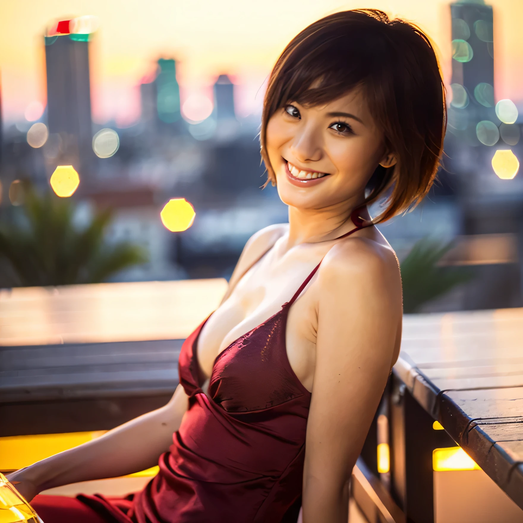 Rooftop outdoor restaurant, city in background ((Yuma Asami sitting across table in maroon evening dress, evening light )) ,(leaning forward smiling) , (warm light) ,masterpiece,beautiful,extremely detailed,((medium breasts)) , busty, (wine glass in hand) , (ultra high res),(8k UHD best quality), (realistic, photo-realistic:1.37),brown_eyes,photorealistic,looking_at_viewer,1girl,shiny skin,detailed skin,(((beautiful face ))),(sexy:1.7), warm smile