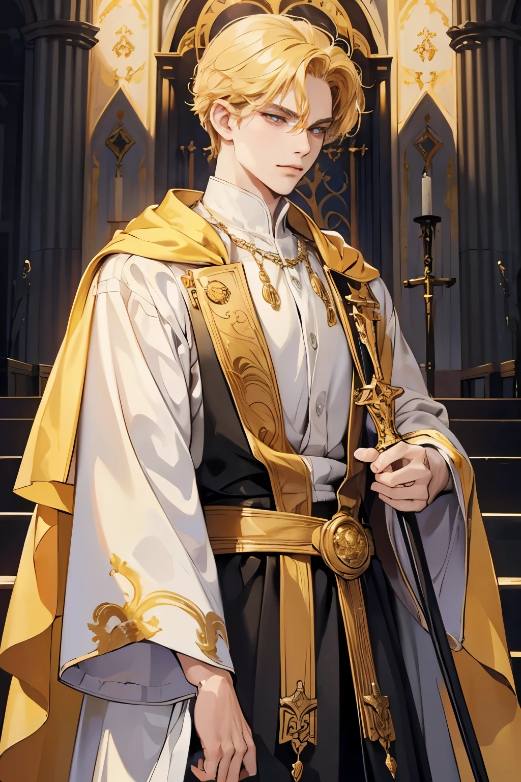 High quality masterpiece, super detailed, super emotion detailed, church, warm colours dramatic lighting, movie scene, anime style, perfect face, clean eyes, Middle Ages, clean emotions, full body! A young holy father with curly blonde hair, in expensive golden robe with purles, he is arrogant, looking with smurk, looking down, pale skin!!! arrogantly smiling, with golden eyes, he has a sword, short hair, he has smirk of arrogance, he is cool and vilian, super quality, 4K, clean eyes