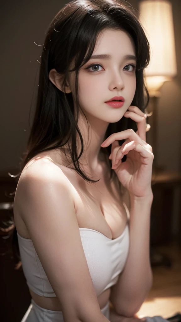 (highest quality,4k,8K,High resolution,masterpiece:1.2),Super detailed,(realistic,photorealistic,photo-realistic:1.37),full body portrait,1 girl, perfect hourglass illustration, exquisite features, mysterious eyes, white transparant dress, bare shoulders, blush , long hair, looking at the audience, big breasts, thin waist , glamorous body , pose sculpture , pose 1.4 to camera , frontal to camera , facing front