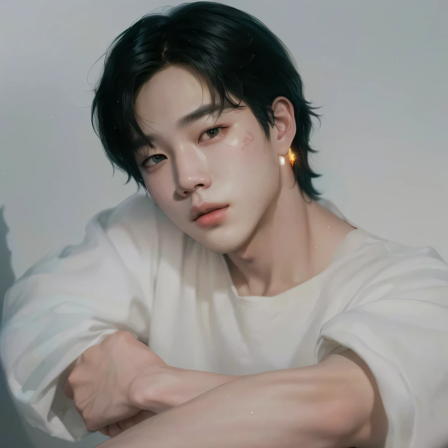 masterpiece, best quality, (extremely detailed CG unity 8k wallpaper), (best quality), (best illustration), (best shadow), absurdres, realistic lighting, (Abyss), beautiful detailed glow, art by PeterMohrBacher, Park Jimin, Jimin of BTS, Korean Boy, Korean Face