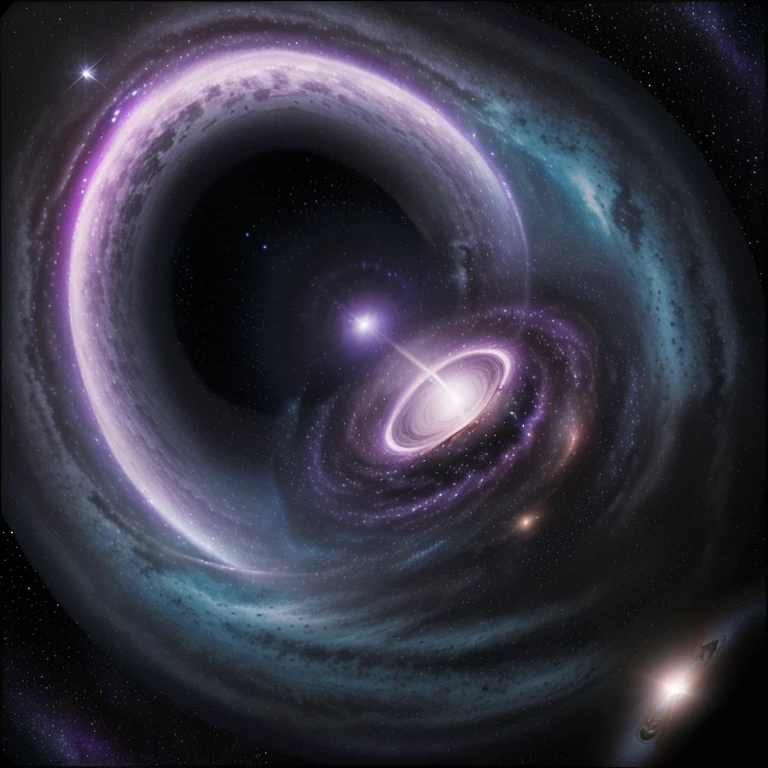 La imagen representada es la de un astronauta vagando por el vasto espacio, In the background is a black hole with the accretion disk purple. It also has a planet similar to Neptune, & Multi-Star(Punto blanco)