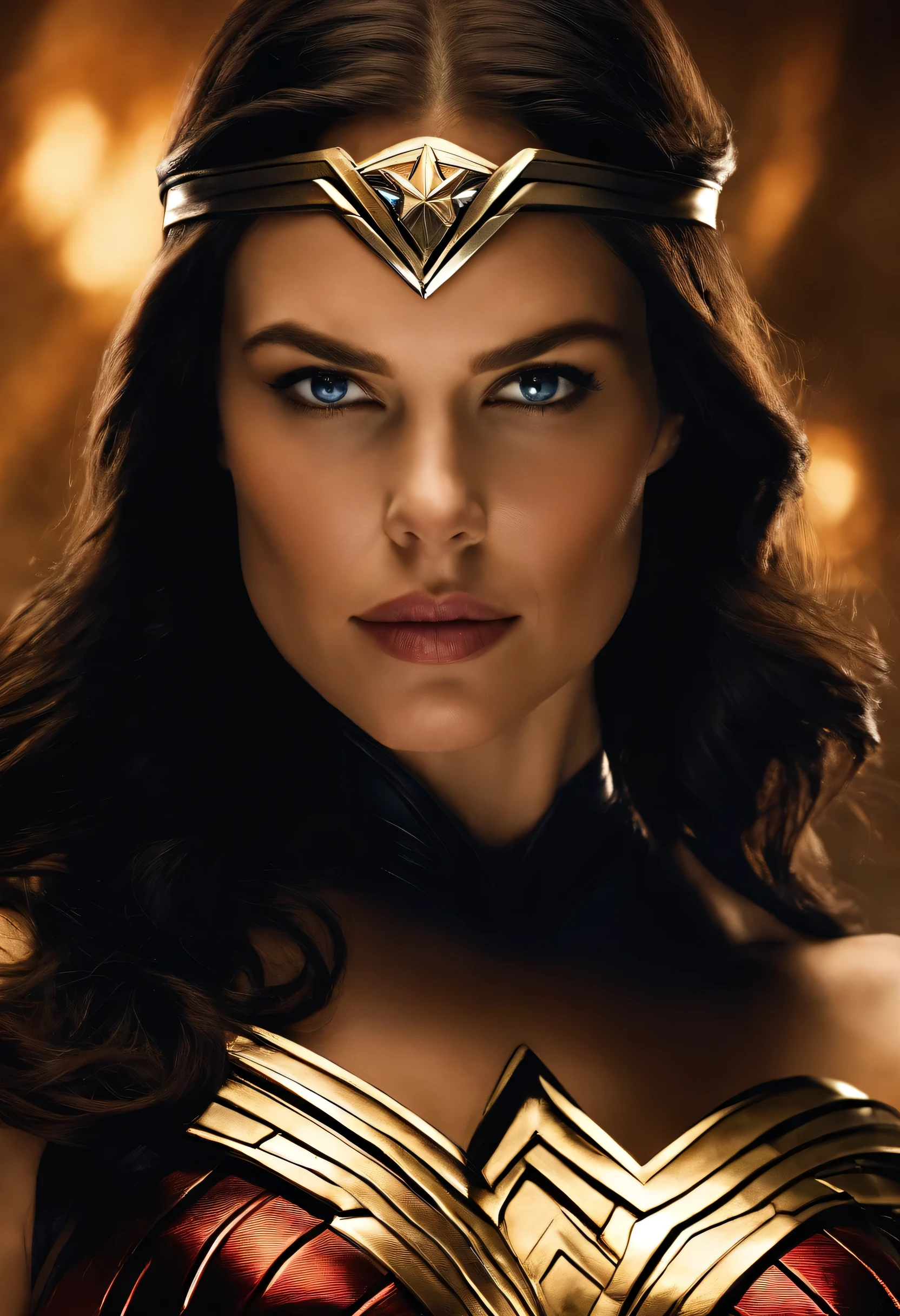 Lauren cohan under the mantle of the Amazon warrior Wonder Woman long black hair well-defined face surreal image and in high definition HD image