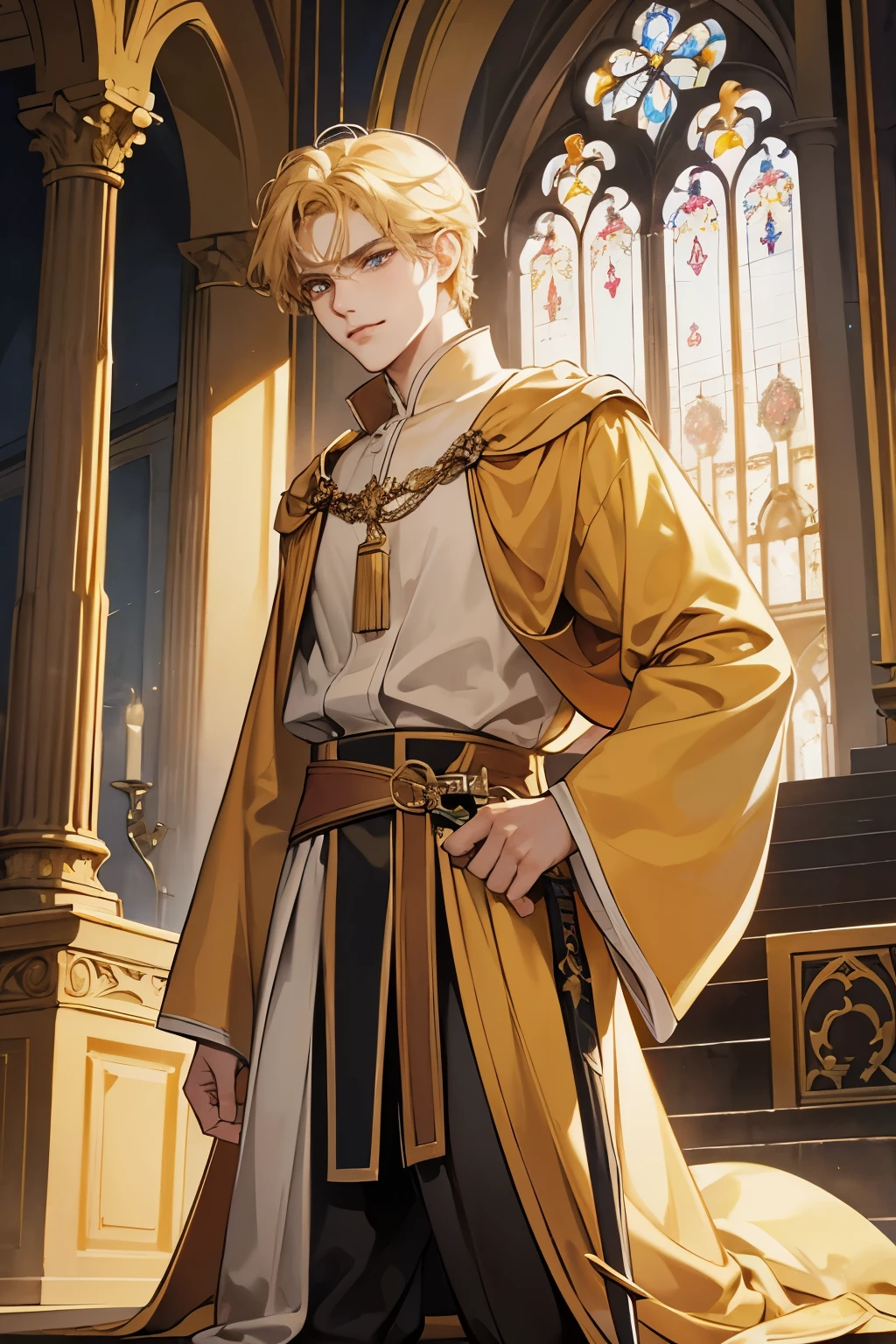 High quality masterpiece, super detailed, super emotion detailed, church, warm colours dramatic lighting, movie scene, anime style, perfect face, clean eyes, Middle Ages, clean emotions, full body! A young holy father with curly blonde hair, in expensive golden robe with purles, he is arrogant, looking with smurk, looking down, pale skin!!! arrogantly smiling, with golden eyes, he has a sword, short hair, he has smirk of arrogance, he is cool and vilian, super quality, 4K, clean eyes, super quality ever! detailed emotions!