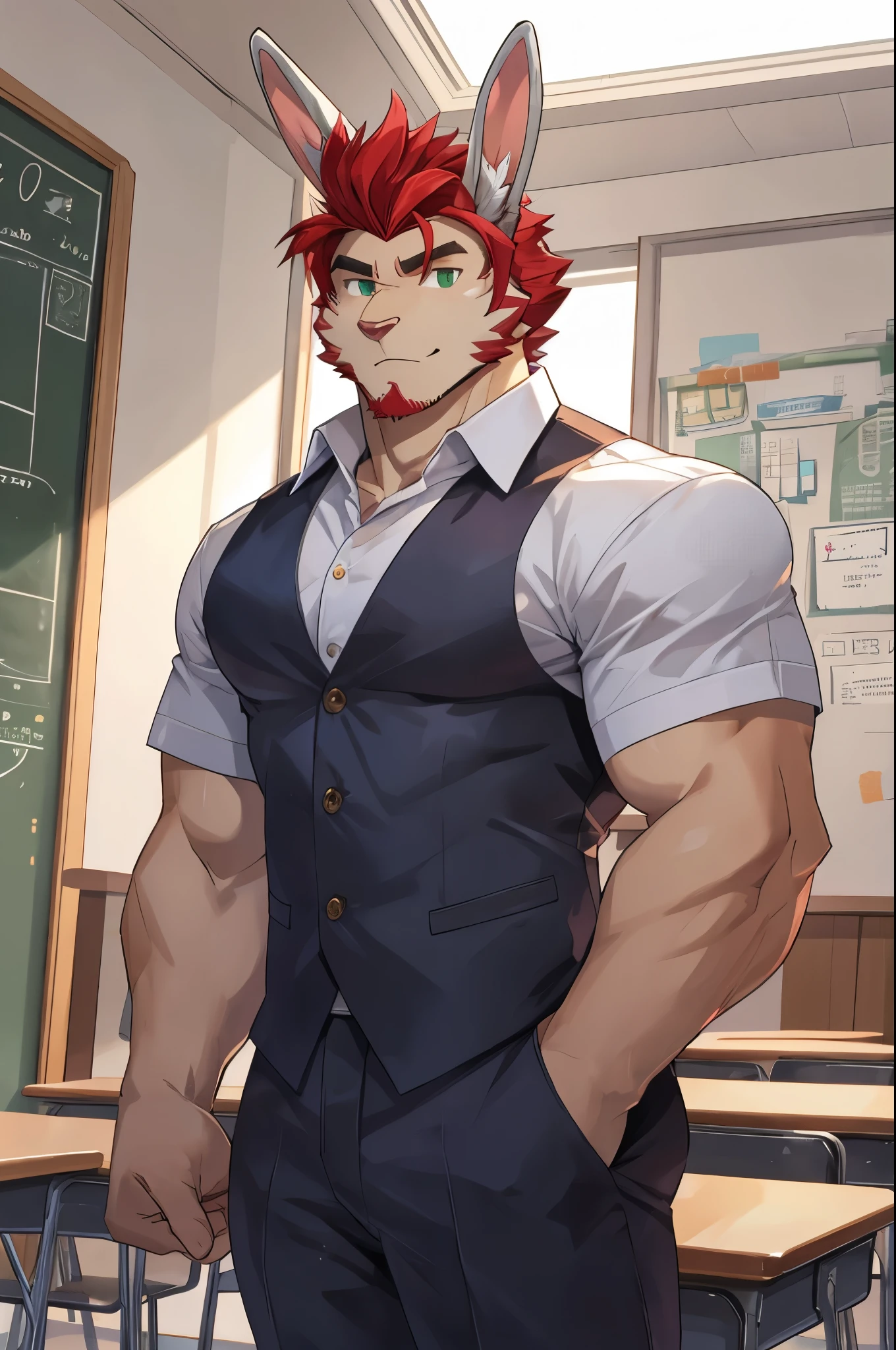 perfect face, bara furry, rabbit man, big body, light blue skin, short quiff red hair, green eyes, perfect eyes, big rabbit ears, handsome, at school