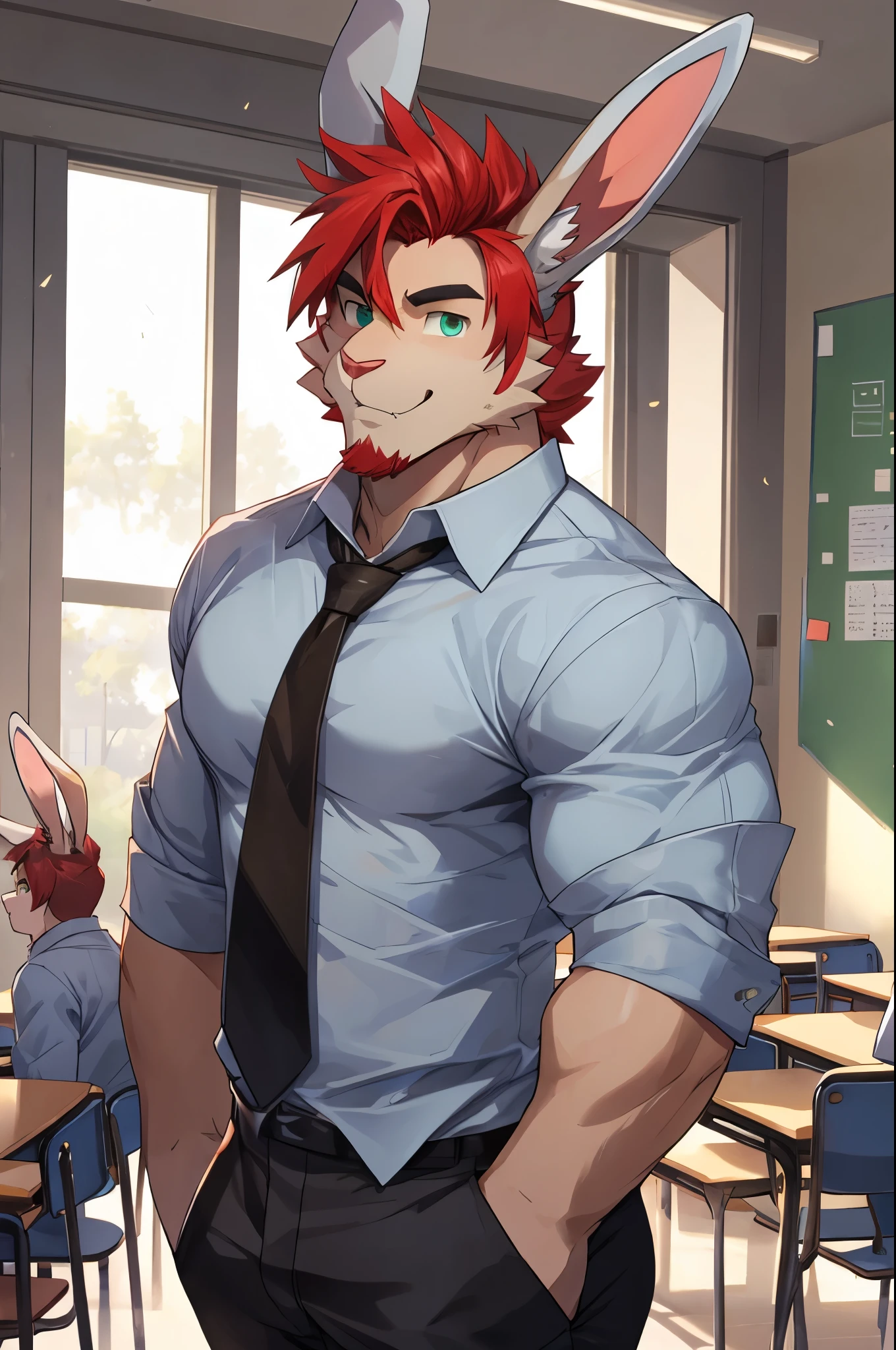 bara rabbit furry, short red hair, full pink skin, at school, big dick