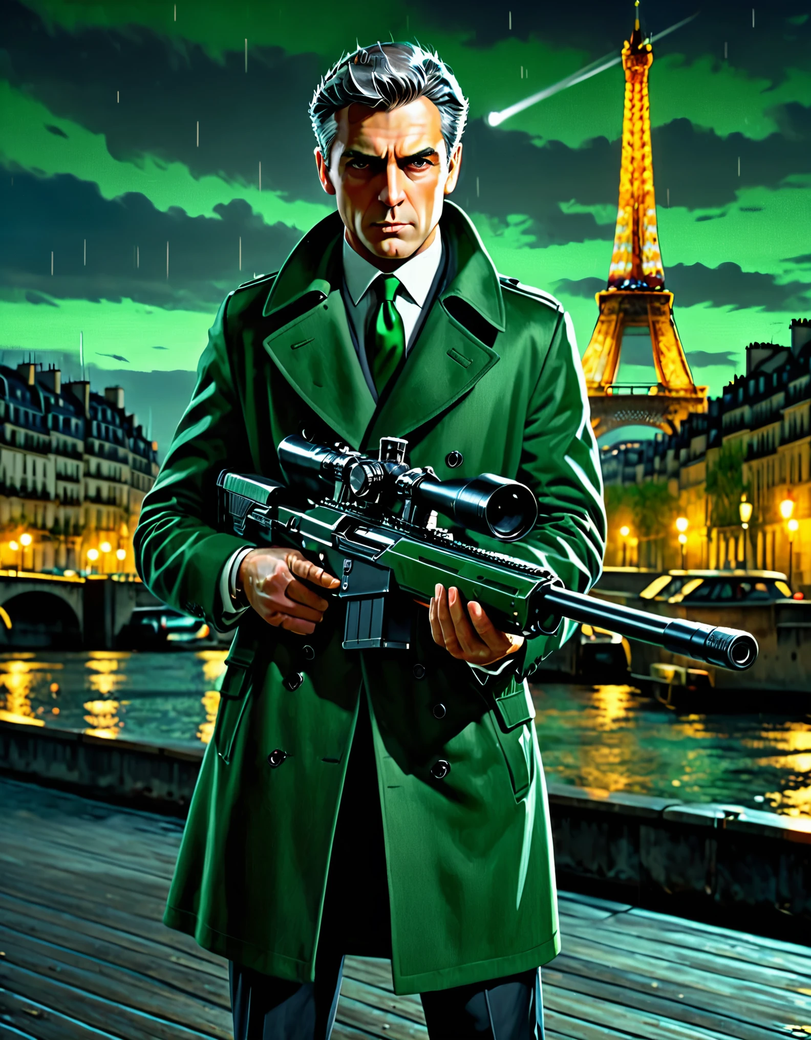 masterpiece, best quality, hyper detailed, ultra detailed, 1man, solo, solo focus, arafed french man in a coat, (holding sniper rifle), tall body, middle-aged man, professional, relaxed but determined, serious but cool, he's a hitman in peacoat, he is wearing a green trenchcoat, dark green suit and tie, slacks, black dress shoes, full body and head shot, full body shoot, full-body-shot, fullbody shot, dock, paris, night backdrop, film noire atmosphere, reddish grey hair, green eyes, hair over one eye, secret agent, spy, midnight, ???? lighting.