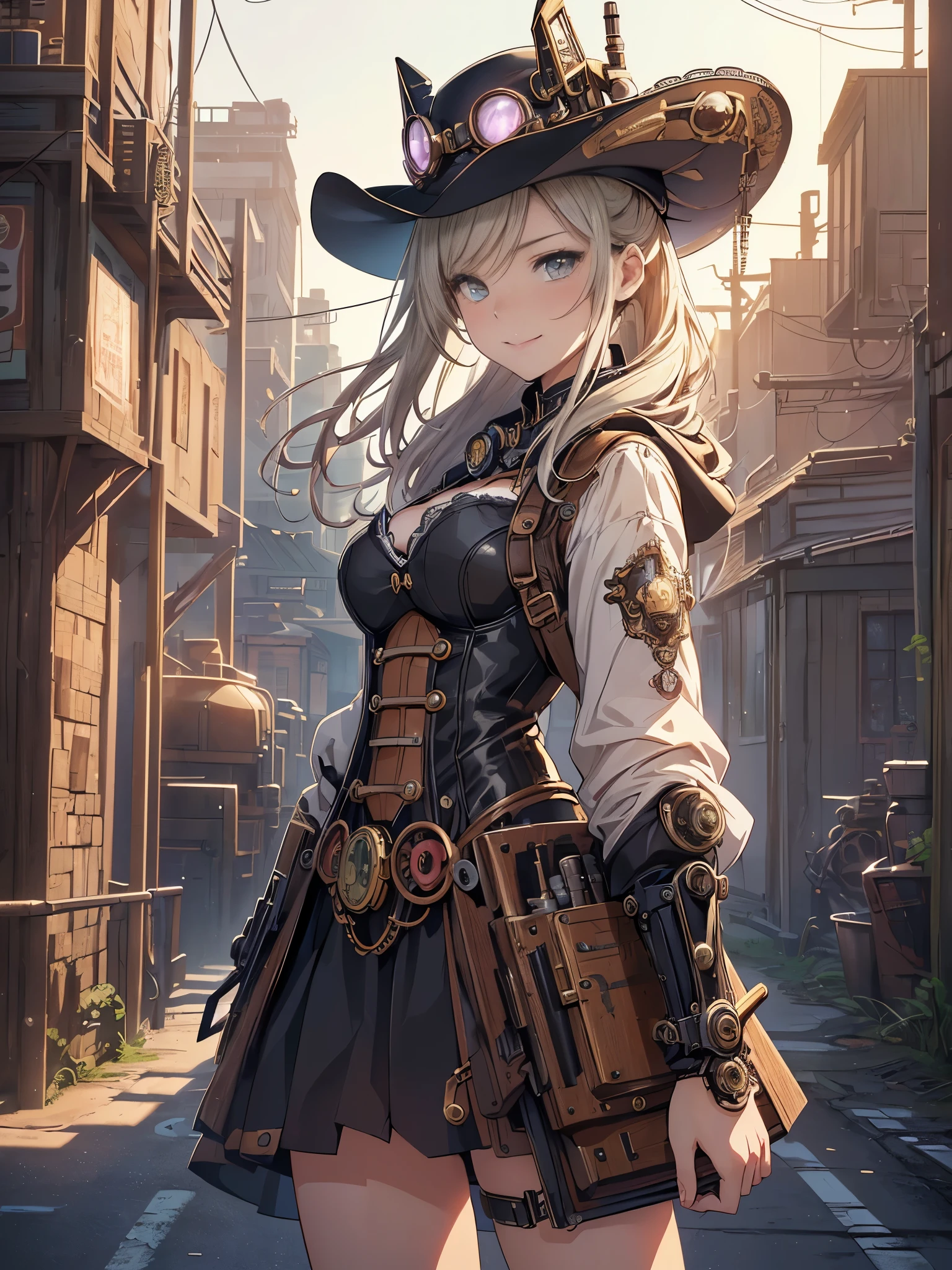 (Line art_anime),(Cowboy Shot,Low - Angle, highest quality, ),(Laura Budd Photos:1.2),(Laura Add Details:1.0),8K, Flat Color:0.8,1 girl,smile,(Highly decorative and complex mechanical steampunk fashion, lace flare dolphin hat、goggles 1.5、machinery background、Gear background、Intricately mechanized steampunk cityscape 1.5),