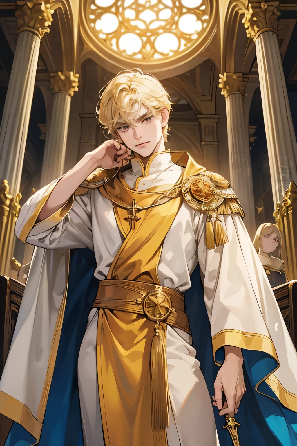 High quality masterpiece, super detailed, super emotion detailed, church, warm colours dramatic lighting, movie scene, anime style, perfect face, clean eyes, Middle Ages, clean emotions, full body! A young holy father with curly blonde hair, in expensive golden robe with purles, he is arrogant, looking with smurk, looking down, pale skin!!! arrogantly smiling, with golden eyes, he has a sword, short hair, he has smirk of arrogance, he is cool and vilian, super quality, 4K, clean eyes, super quality ever! detailed emotions!