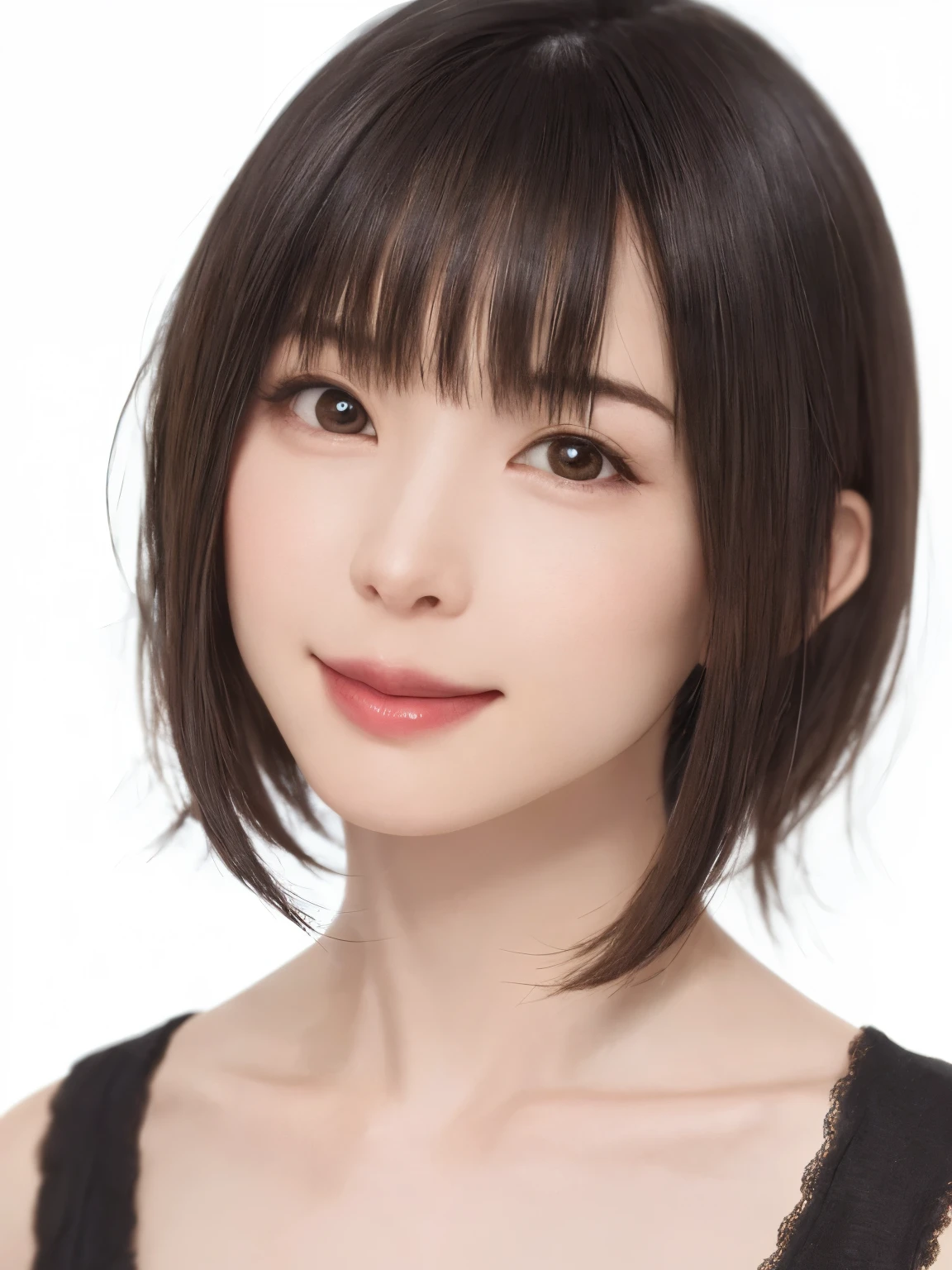 1 girl, alone, Shiny skin, chest, very detaileded, ultra detaileded, Ultra-high resolution, whole body, (Photorealism:1.4), (highest quality), (Best Shadow), Ulzzang-6500, detailed, Perfect lighting, Black Hair, ((Showpiece, highest quality, High precision)), One Girl, (big chest, Realistic: 1.4), (look up at the camera even a little, カメラをlook up, look up, look up at the camera, Looking into the camera))), alone, , White Background, snow-White Background, shut up., smile, pretty Black Hair, short hair, Big eyes, Transparent double eyelids, eyelash, listen, Long neck, Long neck, Absolute area, ((Face close-up, short hair with bangs)), 19 years old, Attractive proportions, Shiny skin, Beautiful clavicle, Golden ratio face, Perfect Face, Teardrop-shaped mole, chestのほくろ, bangs, clean bangs, beautiful bangs, Lip gloss, Thin lips, White skin, I took off my clothes, big chest, Small face, Small face, 少し上を向いてLooking into the camera, ((smile a little for the camera, really nothing pure White Background, very big big chest, big chest))