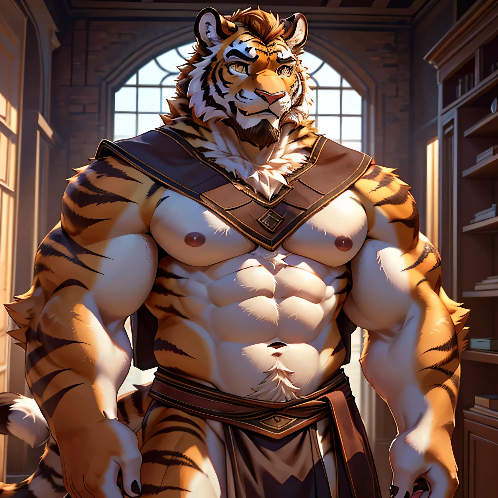 Orange fur, Perfect golden eyes, beard, Tiger, furry, anthro, Handsome face, handsome eyes, hairy pecs, strong arms, gorgeous facial features, beautiful and delicate eyes, complex fur, detailed face, perfect skin texture, extreme details, warrior outfit, single male, full body photo, lean and muscular