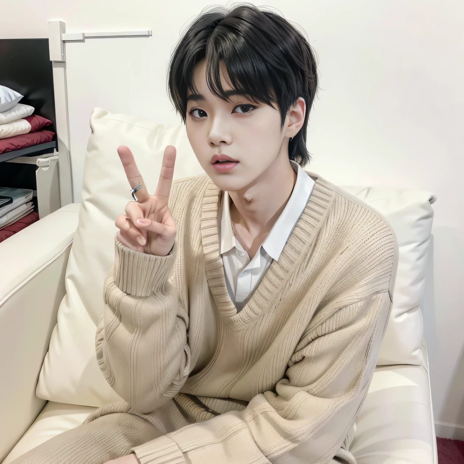Arafed woman sitting on a sofa with a peace sign in her hand., Kim Doyoung, Jung Jaehyun, yoongi de pelo negro, park Jimin, hyung tae, Jimin, kim taejin, con pelo corto, Hong June Hyung, sakimichan, seson yoon, jaeyeon nam, Jimin\los labios carnosos, jinyoung shin, Park Jimin, Jimin of BTS, Korean Boy, Korean Face